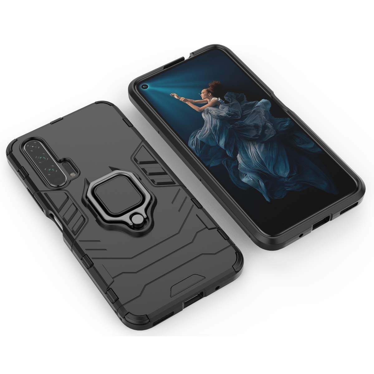 SORAKA Honor 20 Pro Case with Ring Holder & Metal Plate - Slim Soft TPU Phone Cover for Magnetic Car Mount - Black - Perfect for Driving, Work & Daily Protection