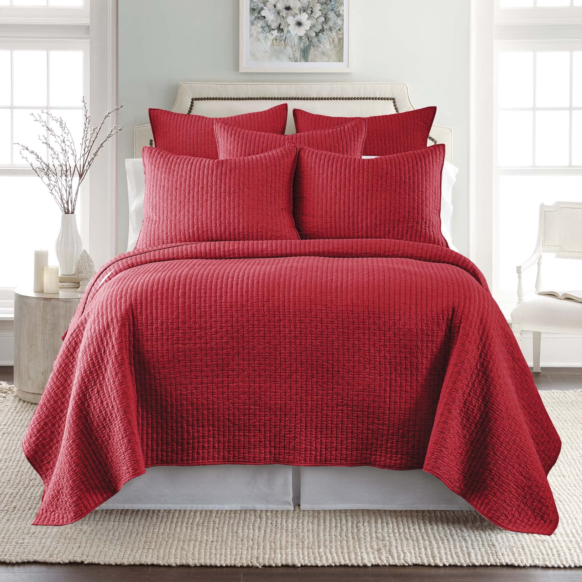 Levtex Home - 100% Cotton Reversible Cross Stitch Chile Red Quilt Set - Full/Queen Size (88x92in) with 2 Standard Shams (26x20in) - Soft & Breathable Cotton Fabric - Perfect for Bedroom Decor, Guest Room, or Cozy Farmhouse Style
