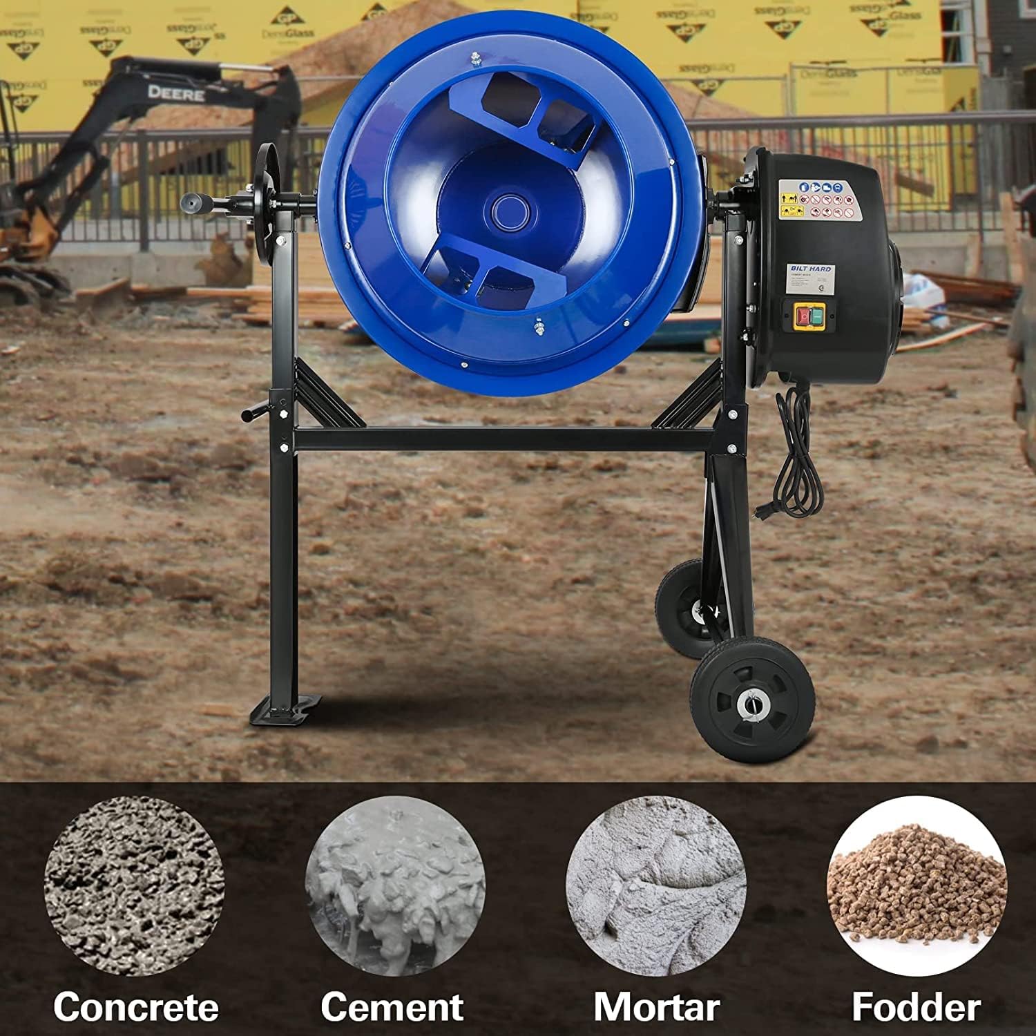 BILT HARD 4 Cubic Ft 550W Electric Cement Mixer - Portable Concrete Mixer Machine with Wheels for Stucco, Mortar & DIY Projects - Perfect for Construction Sites, Home Renovations & Backyard Projects