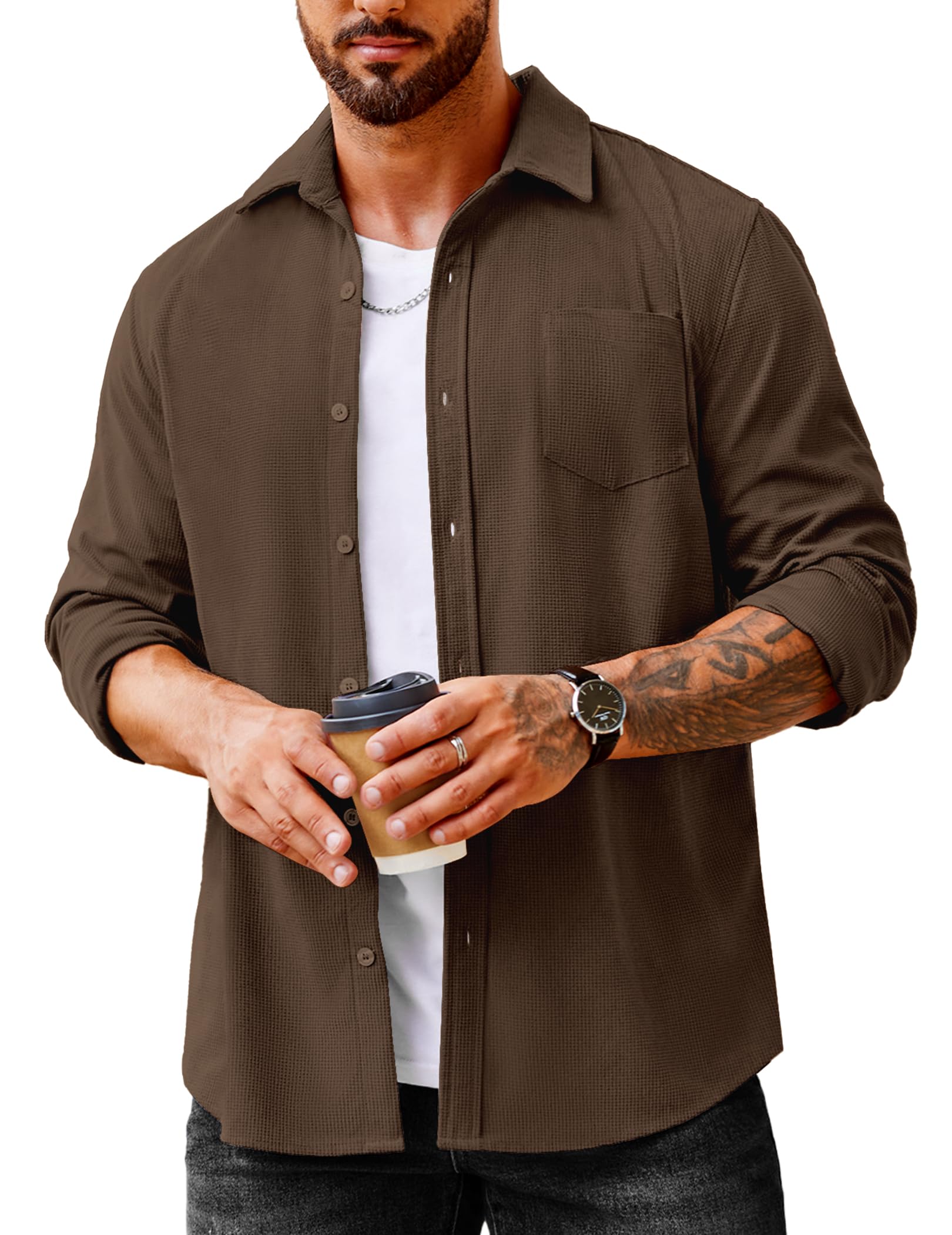 COOFANDY Men's Waffle Knit Button Down Shirt Jacket - Casual Long Sleeve Shacket with Chest Pockets | Perfect for Fall Layering, Outdoor Adventures & Smart Casual Outfits