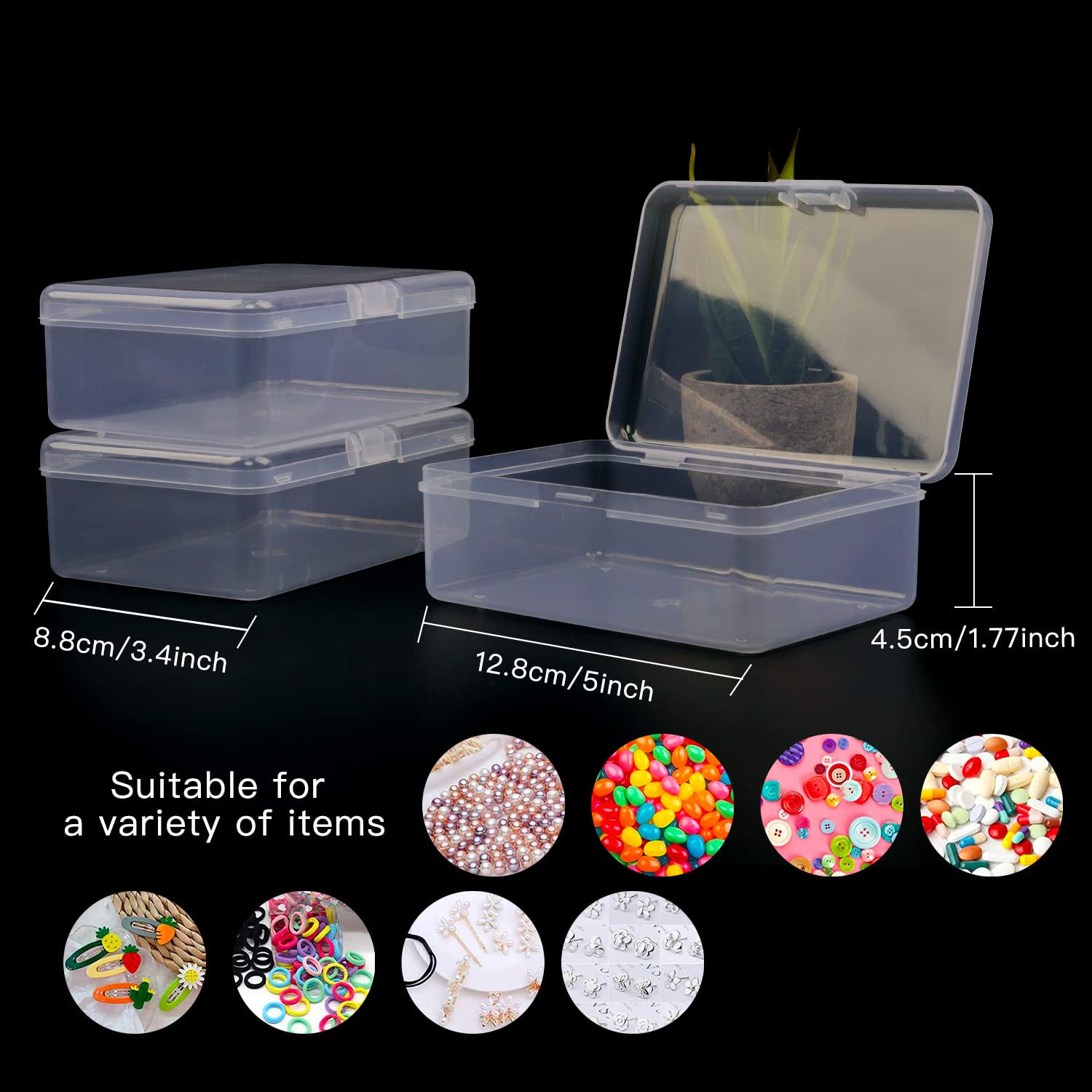 Clear Plastic Beads Storage Containers with Lids - 12 Pack Small Hinged Box for Beads, Pins, Jewelry & Craft Supplies (5x3.4x1.7 Inch) - Perfect for Organizing DIY Crafts, Sewing Accessories & Small Office Items