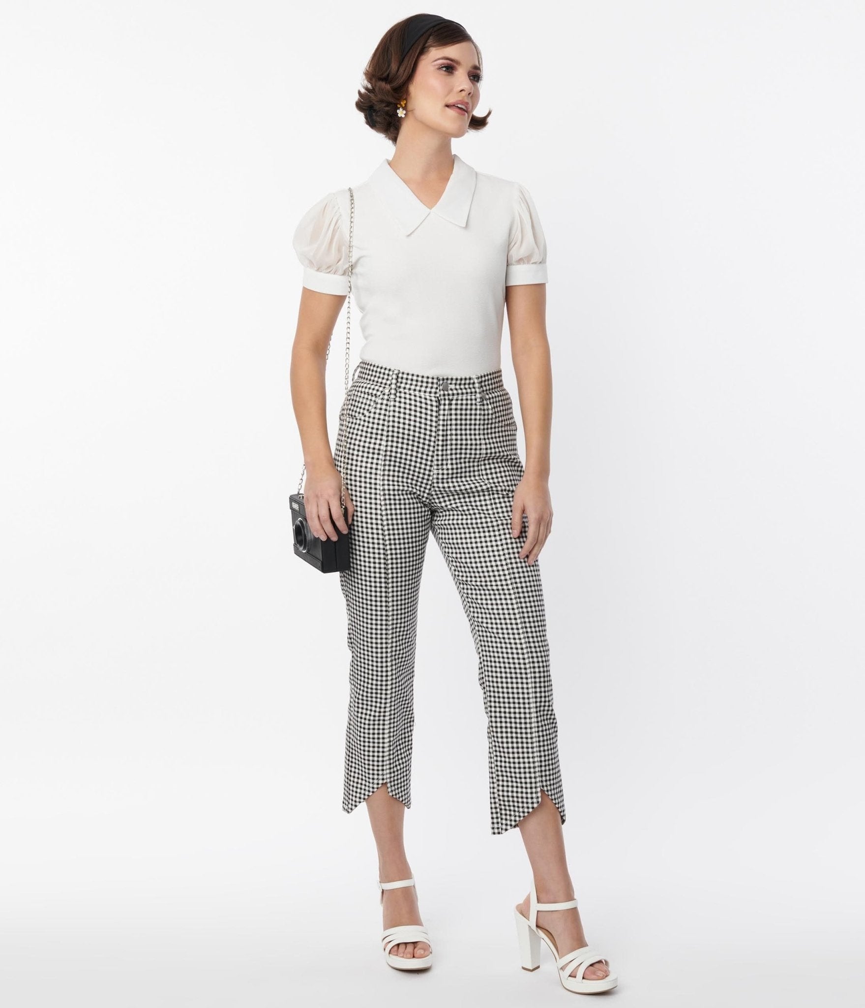 Smak Parlour Black & White Gingham High Rise Capri Pants - Women's Stretch Cotton Casual Summer Cropped Pants for Beach, Vacation & Everyday Wear