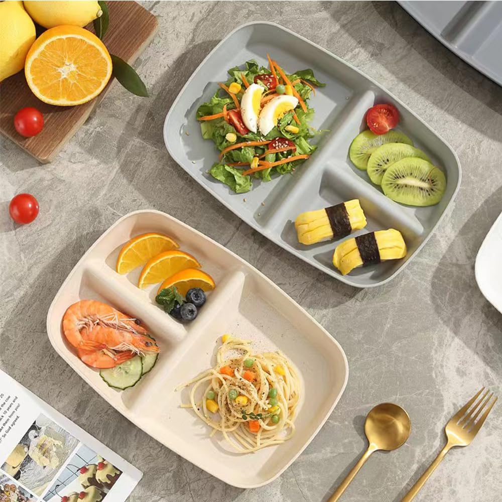 10.5 Inch Divided Plates for Kids & Adults - 3-Compartment Wheat Straw Portion Control Plates | Bariatric, Unbreakable, BPA-Free & Reusable (Grey, 4-Pack) - Perfect for Meal Prep, Portion Control & Family Dinners