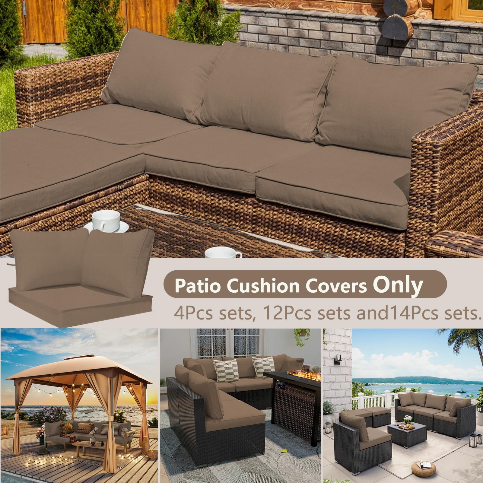 14-Piece Waterproof Outdoor Sectional Cushion Covers - Khaki Patio Furniture Slipcovers for Sofa, Loveseat & Chair - All-Weather Protection for Backyard, Deck & Poolside Use (14pcs)