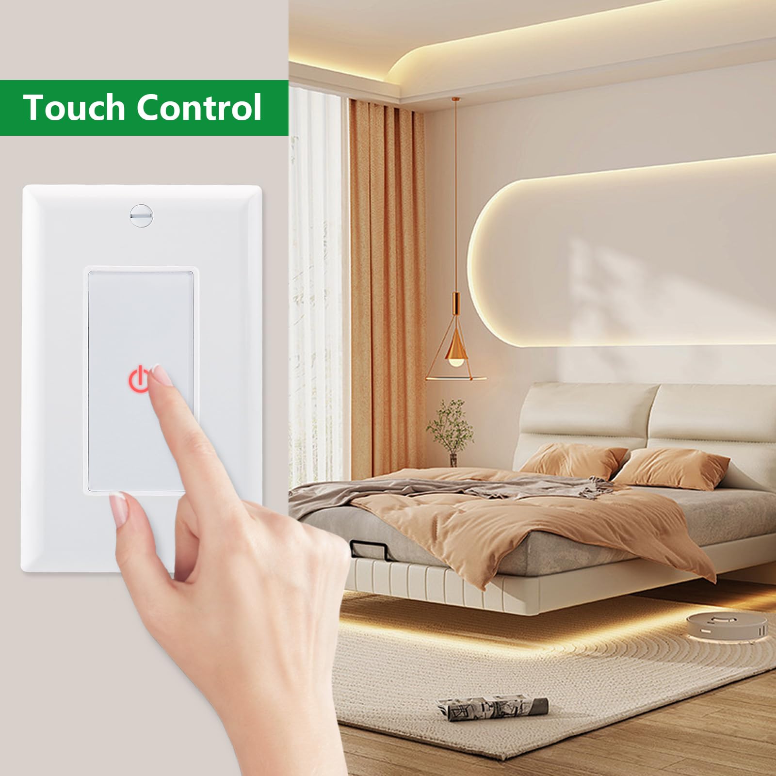 Wengart 1Pack White ETL Listed Capacitive Touch Light Switch with LED Indicator - Compatible with 480W Tungsten/Incandescent & 150W LED Bulbs - Perfect for Bedroom, Living Room, and Office Lighting Control