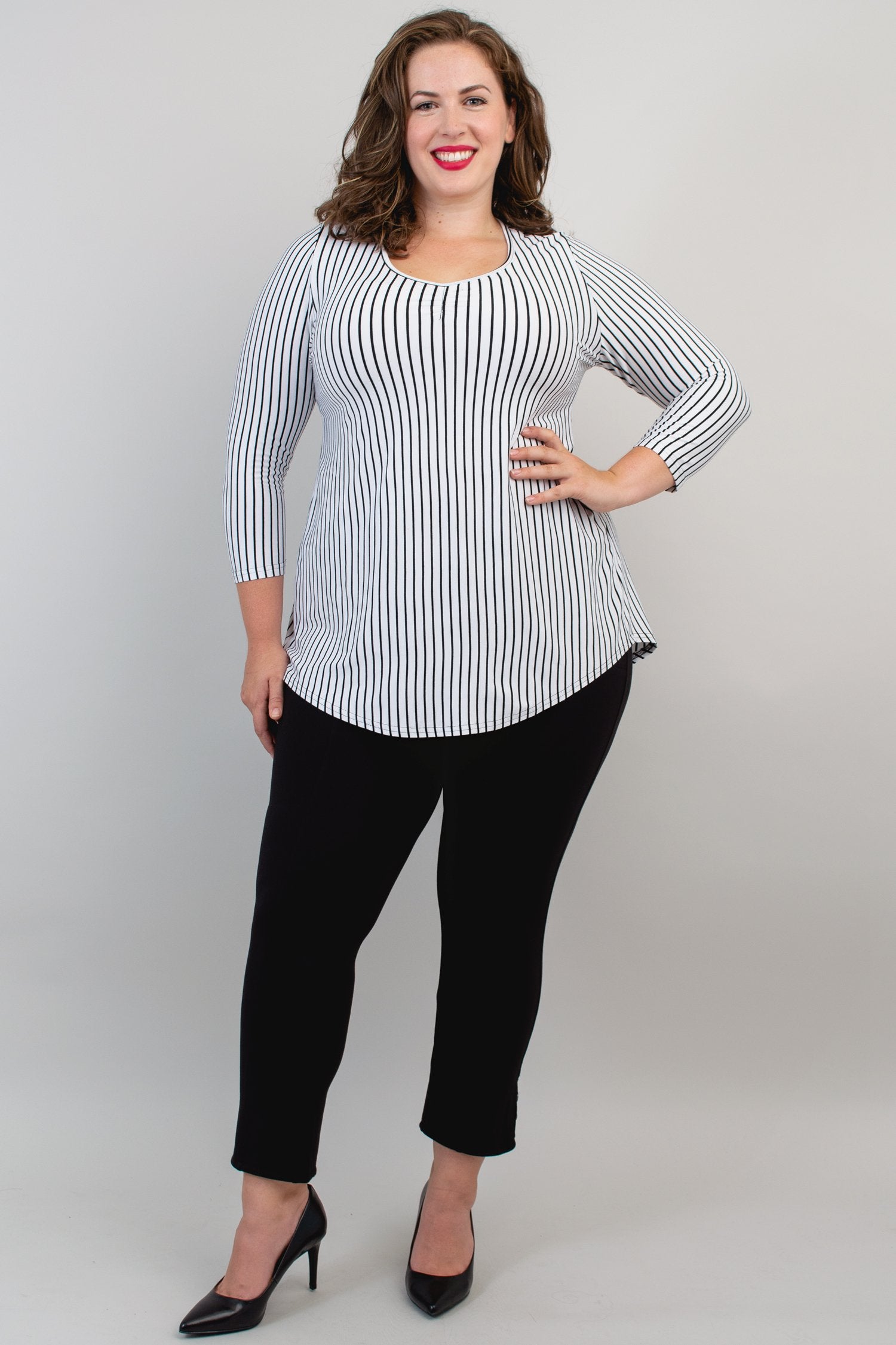 Franny Top - White & Black Small Stripe Bamboo V-Neck T-Shirt for Women | Soft Breathable Eco-Friendly Fabric | Perfect for Casual Wear, Yoga & Summer Outfits