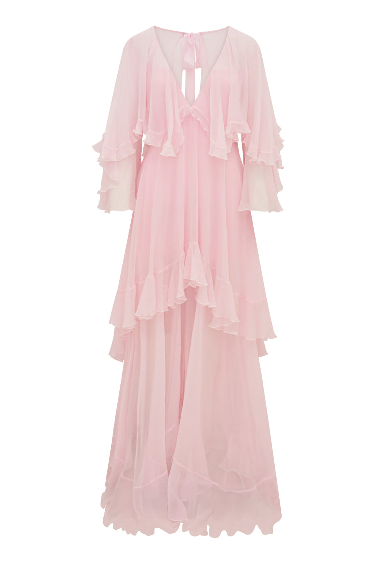 Elegant Collia Silk Chiffon Maxi Dress for Women - Flowy Long Evening Gown with V-Neck & Floral Print - Perfect for Weddings, Parties & Summer Vacations