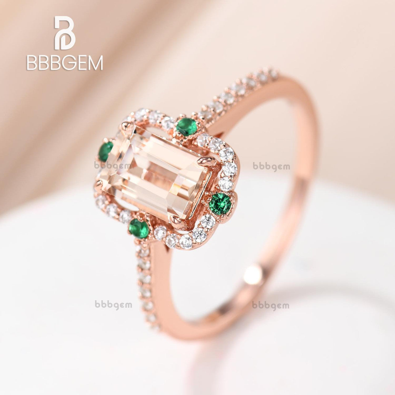 Vintage Emerald Step Cut Peachy Pink Morganite Rose Gold Statement Ring with 4 Emerald Accents - Elegant Jewelry for Weddings, Anniversaries & Special Occasions
