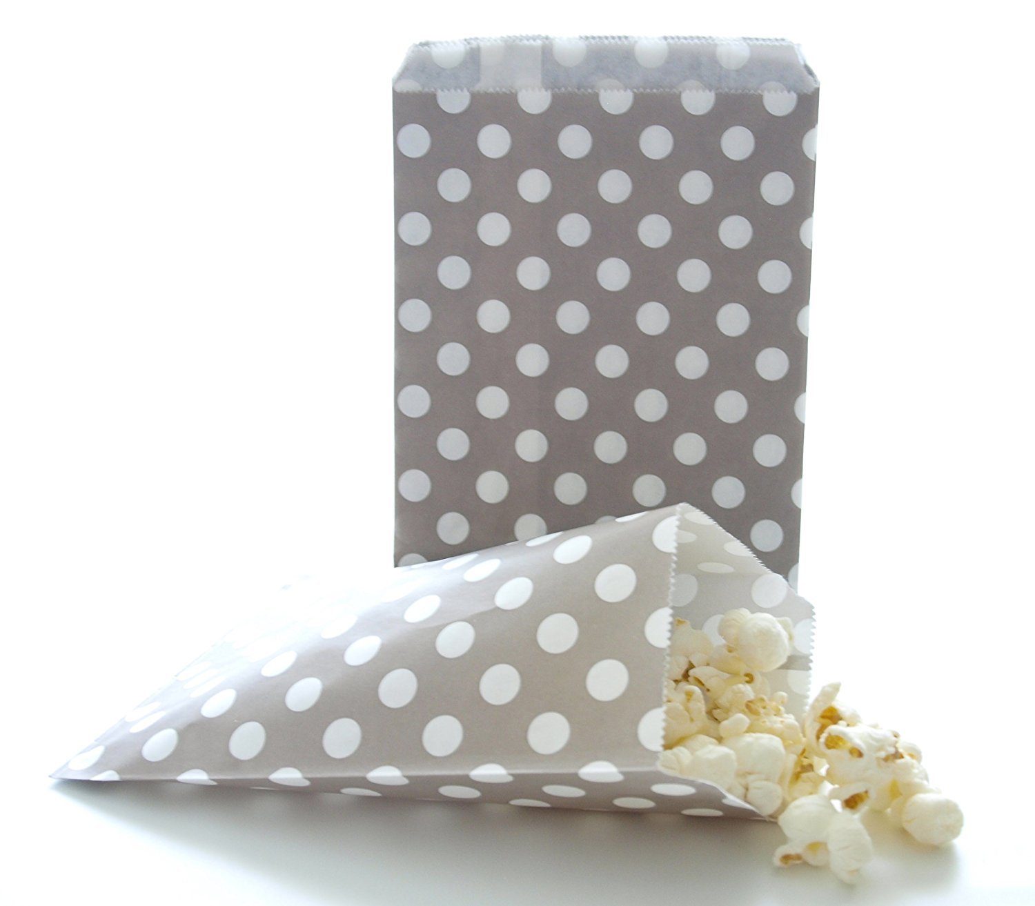 AKOAK 50 Pcs 5x7 Inches White Polka Dot Light Grey Paper Gift Bags - Wedding, Christmas, Party Favors, Candy Treat Bags for Holidays, Baby Showers & Birthday Celebrations
