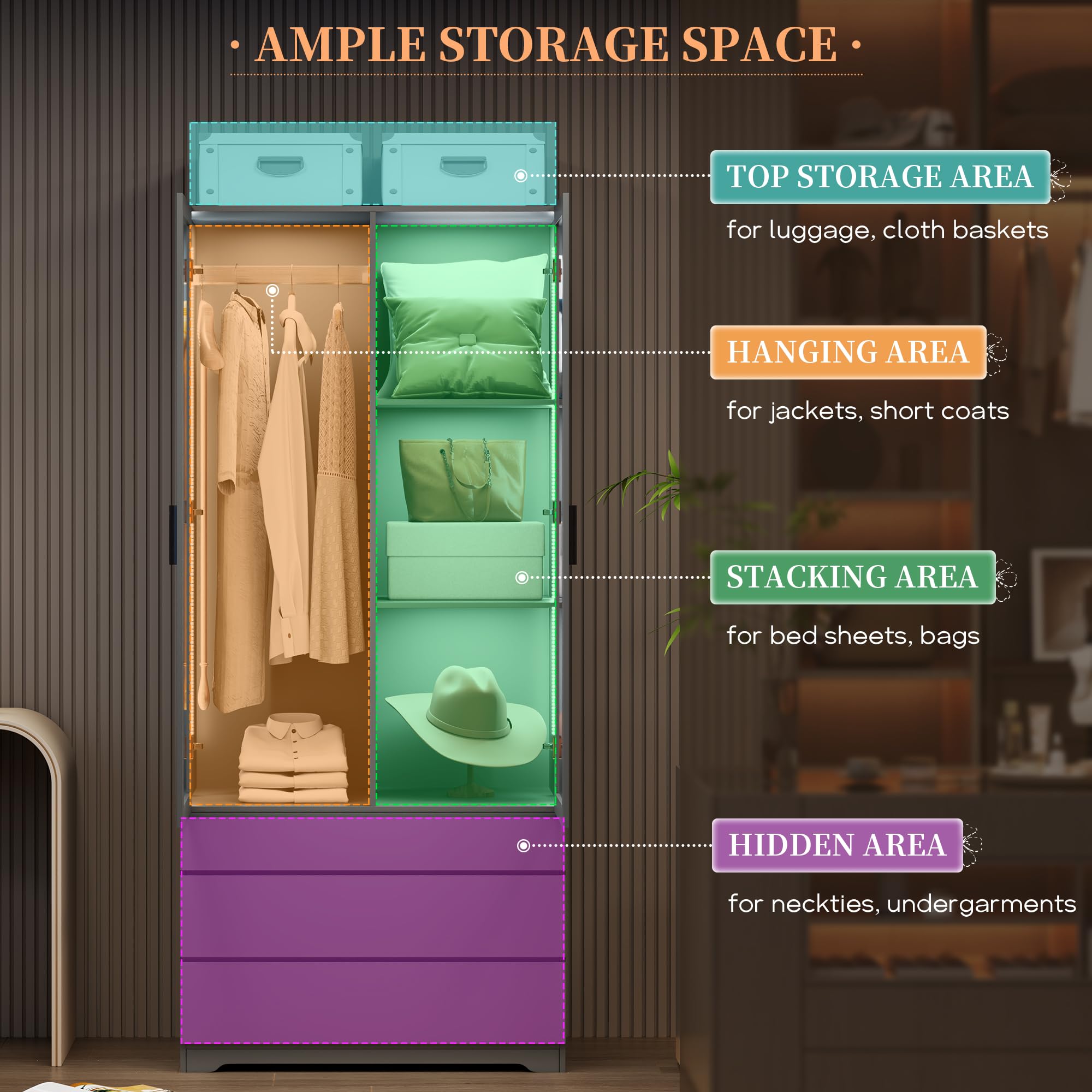 Modern LED Armoire Wardrobe Closet Cabinet with 3 Drawers & 2 Doors - 70