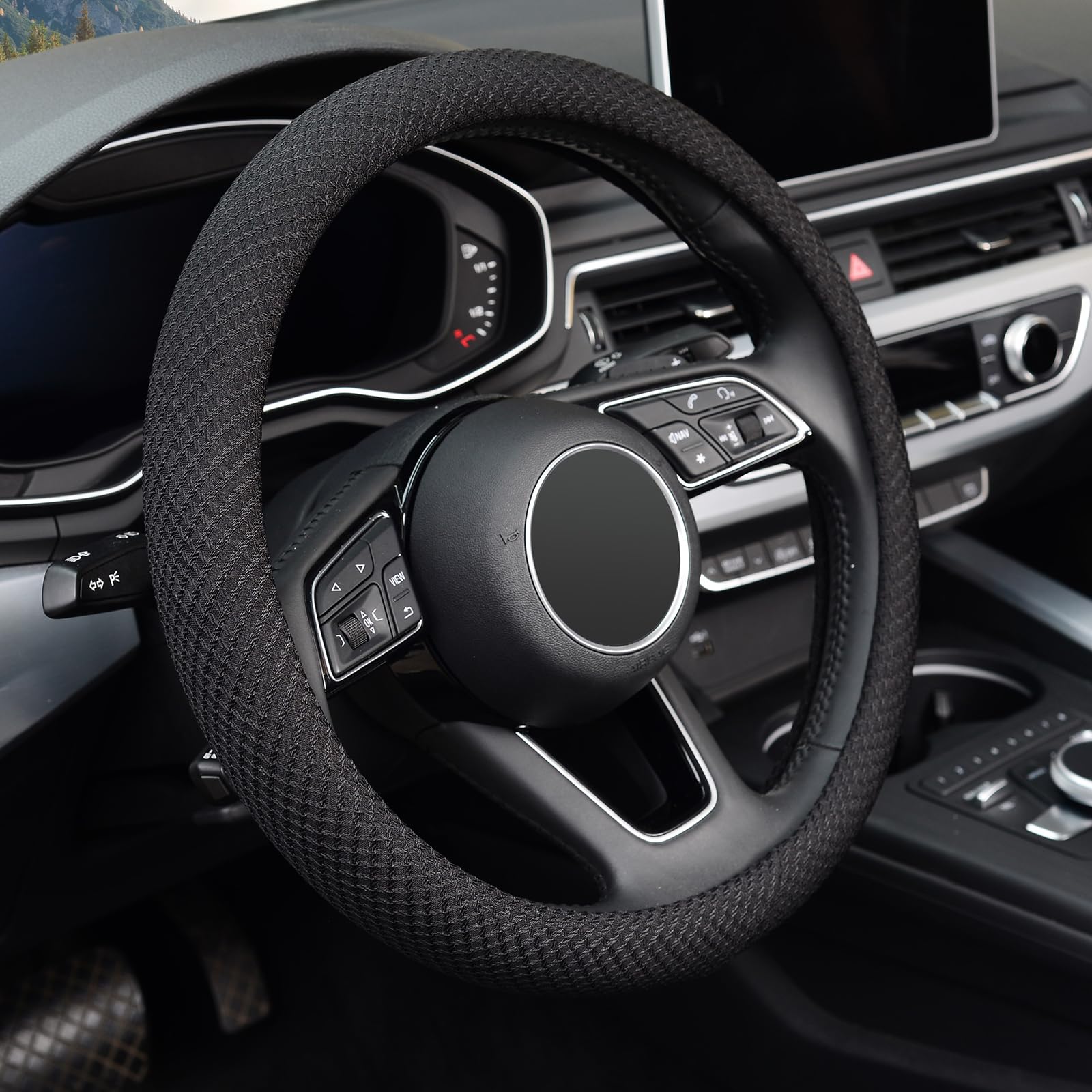 KAFEEK Universal 15 Inch Steering Wheel Cover - Premium Microfiber Viscose, Anti-Slip Grip, Odorless & Breathable - Perfect for Cars, Trucks & SUVs - Black