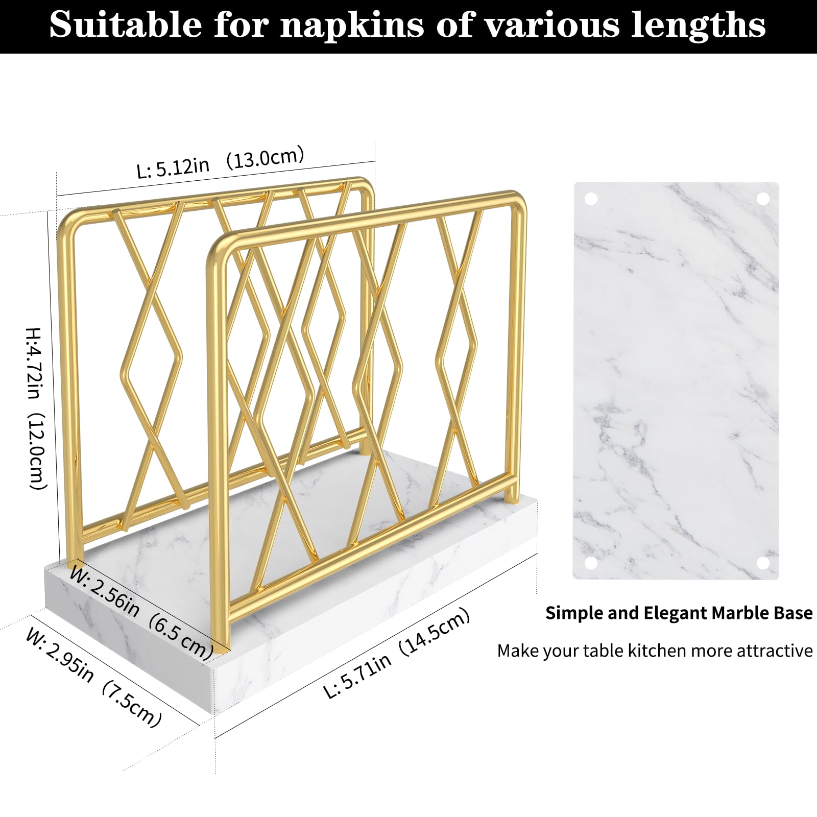 Elegant Marble Napkin Holder for Kitchen & Dining Table - Gold Metal Tissue Dispenser for Modern Home, Bar, Picnic & Cocktail Party Decor