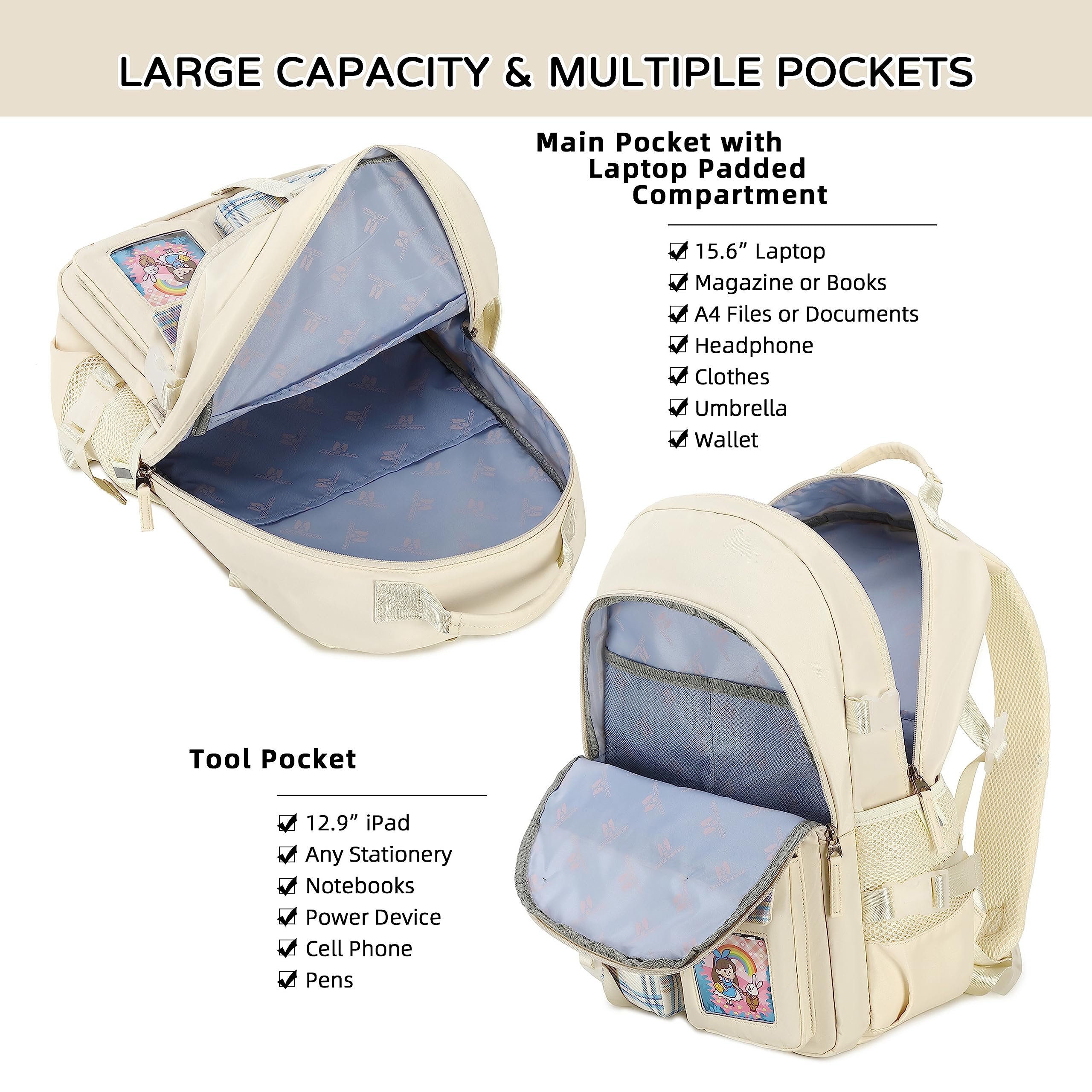 **Shadow Vision Cute Beige Kids Backpack for Girls - Lightweight School Bookbag for Teen Girls, Durable & Stylish - Perfect for School, Travel & Daily Use**