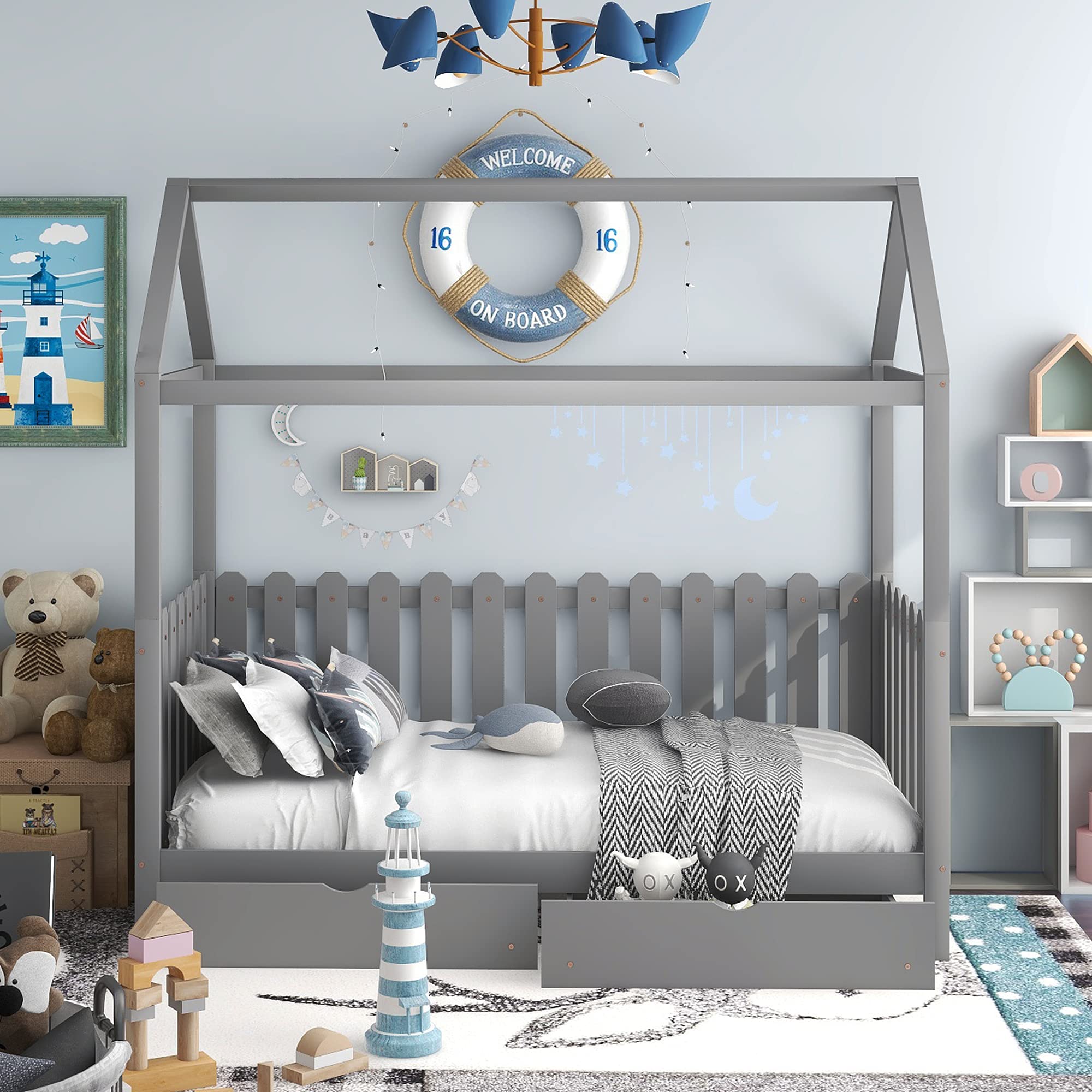 Twin Size Low House Bed Frame with Drawers & Fence Guardrail - Solid Wood Kids Bed for Boys & Girls, No Box Spring Needed (Gray) - Perfect for Nursery, Bedroom & Playroom Decor