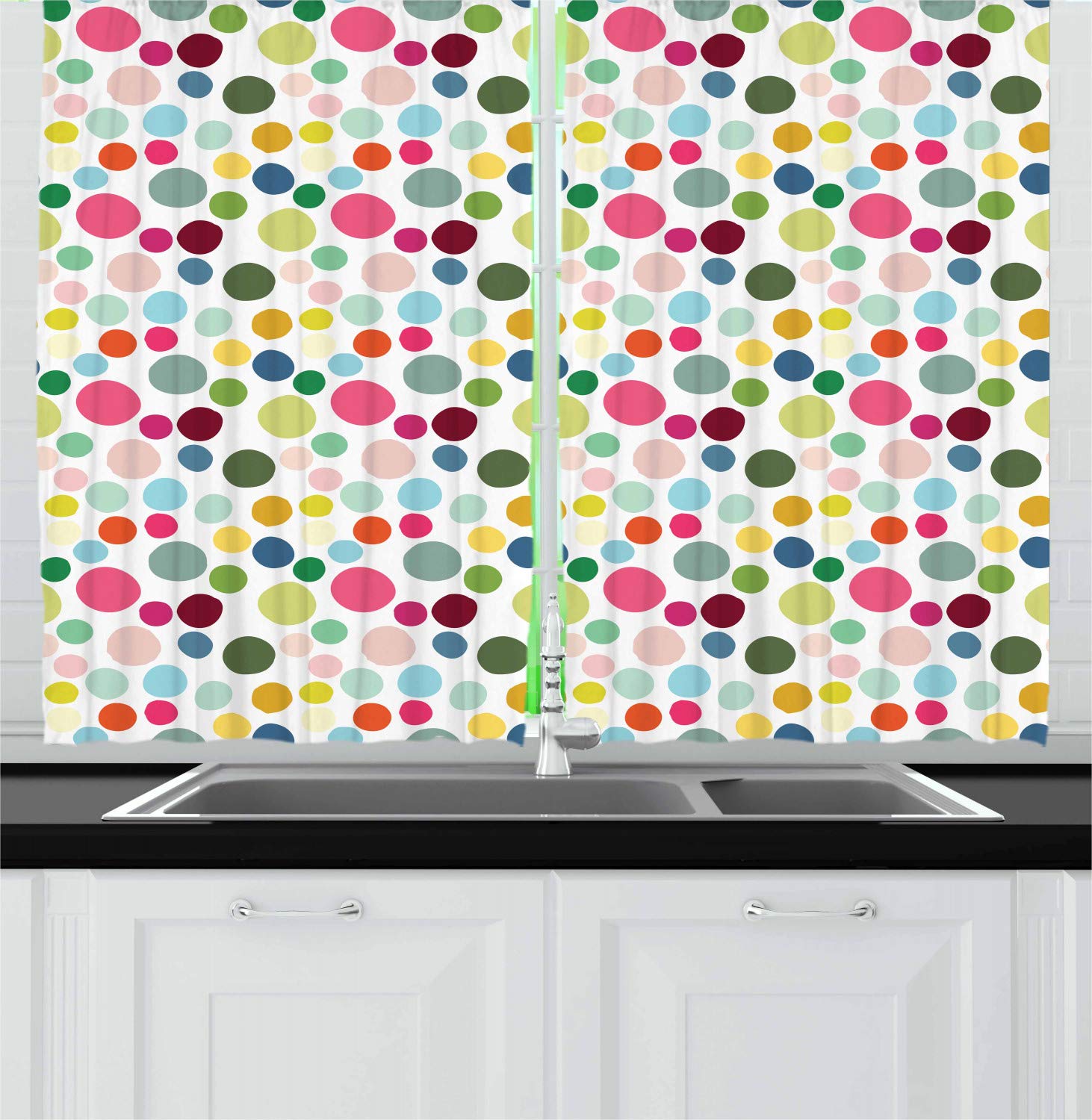 Ambesonne Abstract Circular Kitchen Curtains - Modern Colorful Window Drapes 2 Panel Set for Kitchen & Cafe Decor, 55