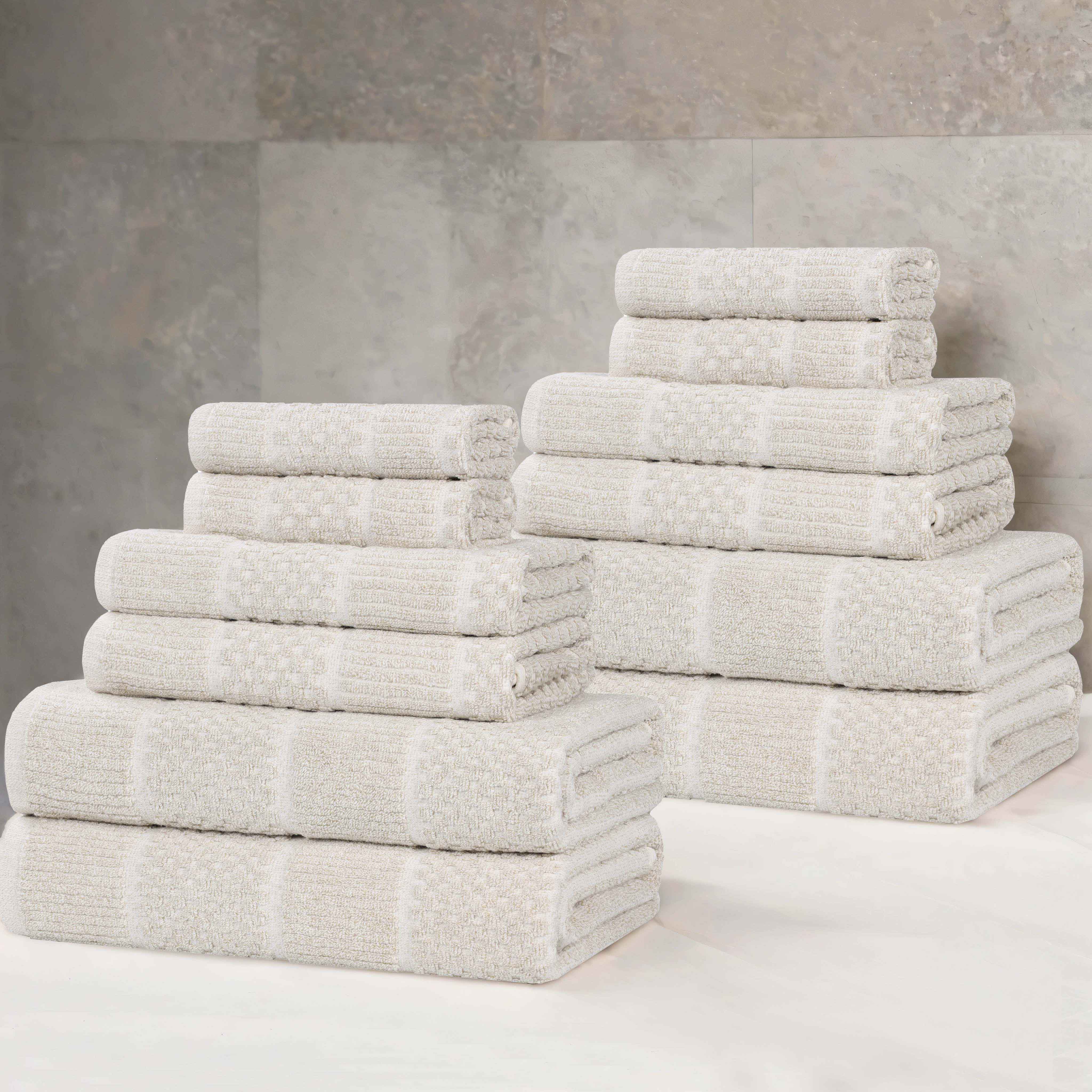 Premium 12-Piece Cotton Blend Checkered Ribbed Towel Set - Soft & Absorbent Bath & Beach Towels for Home, Spa, and Pool Use