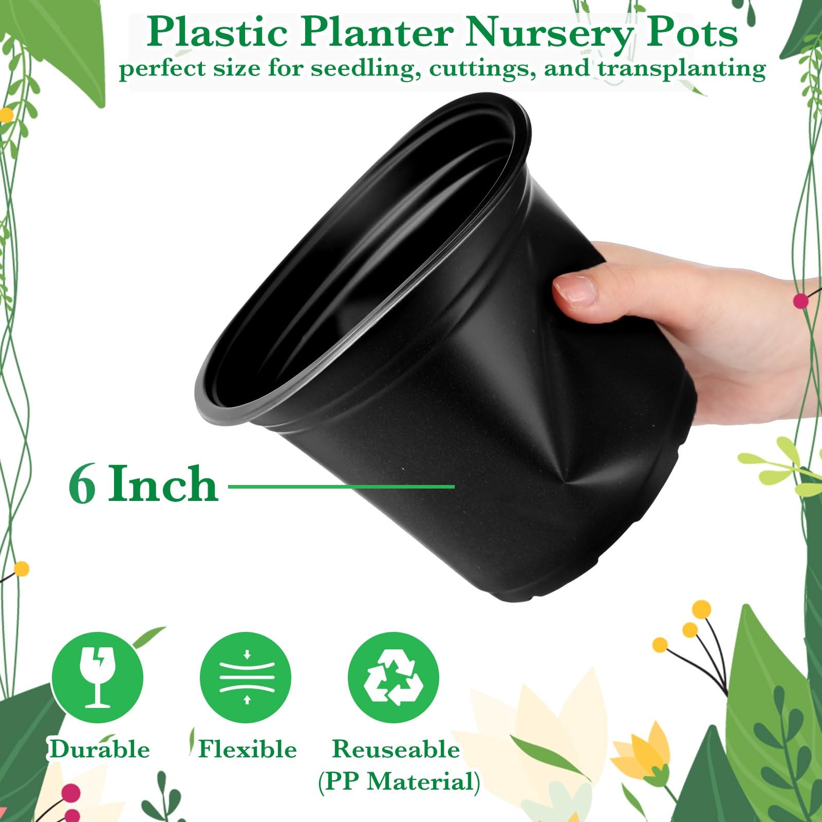 1500 Pcs 6 Inch Black Plastic Seedling Pots with Drainage Holes - Reusable Plant Nursery Containers for Indoor/Outdoor Gardening, Seed Starting, Flower Transplanting - Perfect for Greenhouses, Home Gardens & Urban Farming