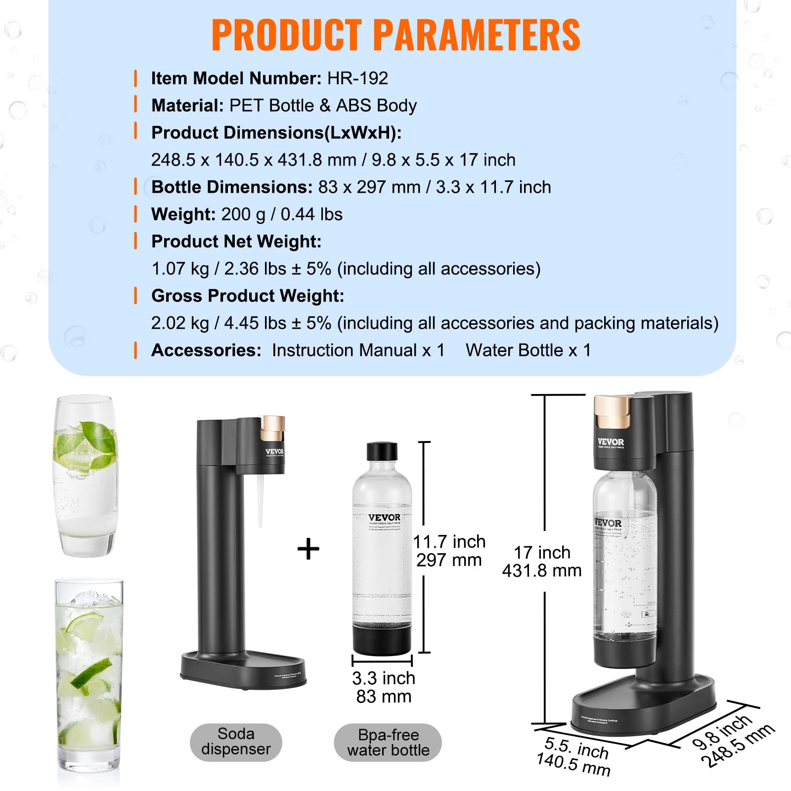 VEVOR Sparkling Water Maker - Home Soda Machine with BPA-Free 1L PET Bottle, Compatible with 60L CO2 Cylinders (Not Included) | Make Carbonated Water, Seltzer & Sparkling Drinks at Home | Perfect for Parties, Healthy Hydration & DIY Beverages