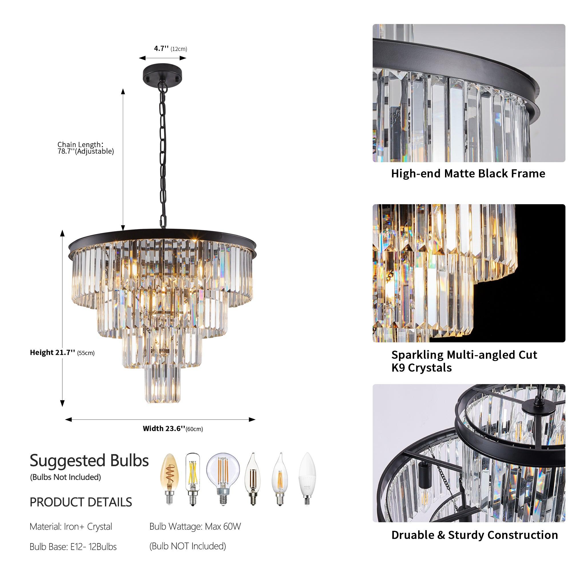 Modern Crystal Chandelier - 4 Tier Black Ceiling Light Fixture for Dining Room, Living Room, Bedroom | Elegant Contemporary Lighting Design (Bulbs Not Included) | Perfect for Home Decor, Wedding Venues & Luxury Interiors