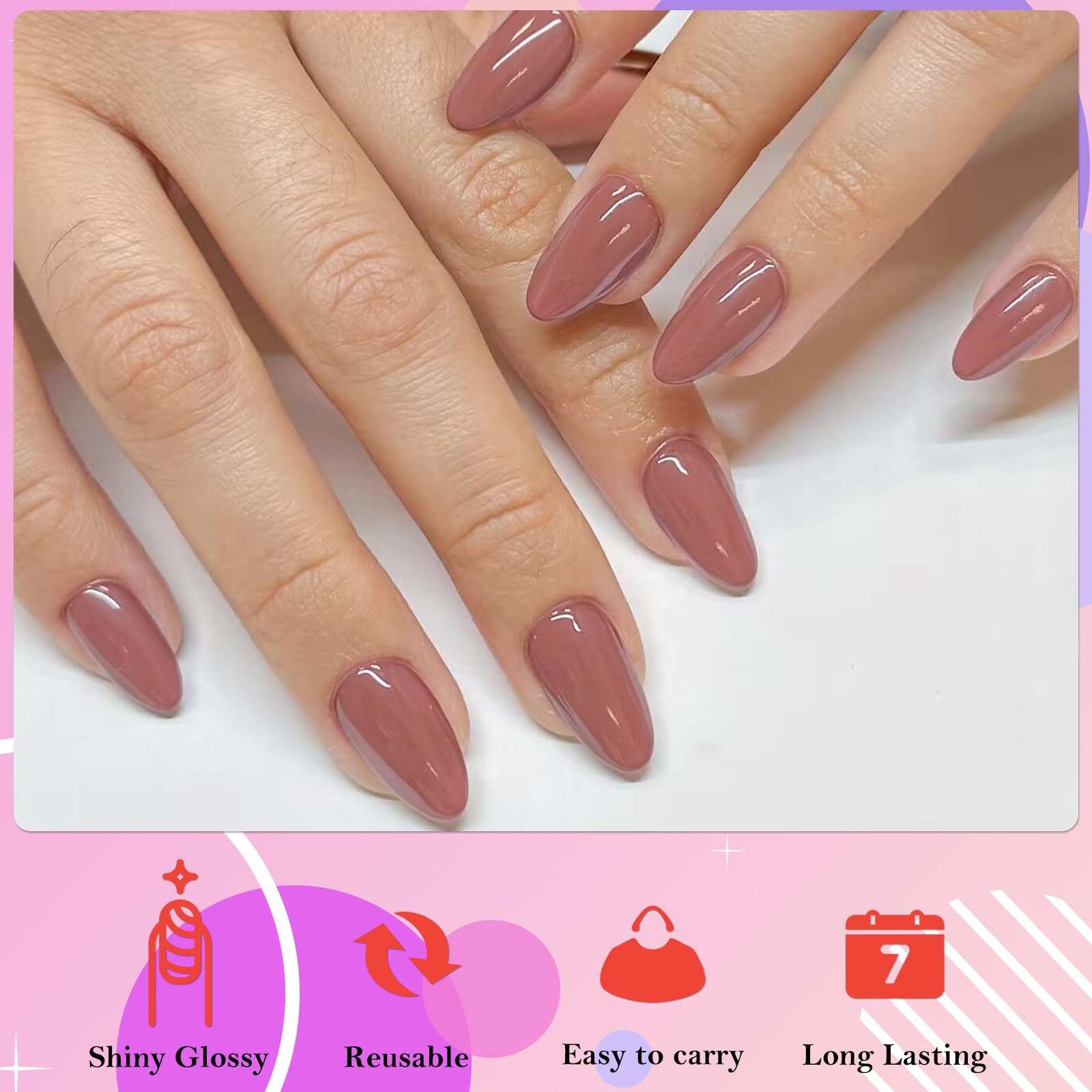 AddFavor 360pcs Short Almond Press on Nails - Glossy Brown Fake Nails with Glue & Adhesive Tabs | Acrylic Gel Manicure Set for Women & Girls | Perfect for Parties, Weddings & Everyday Wear