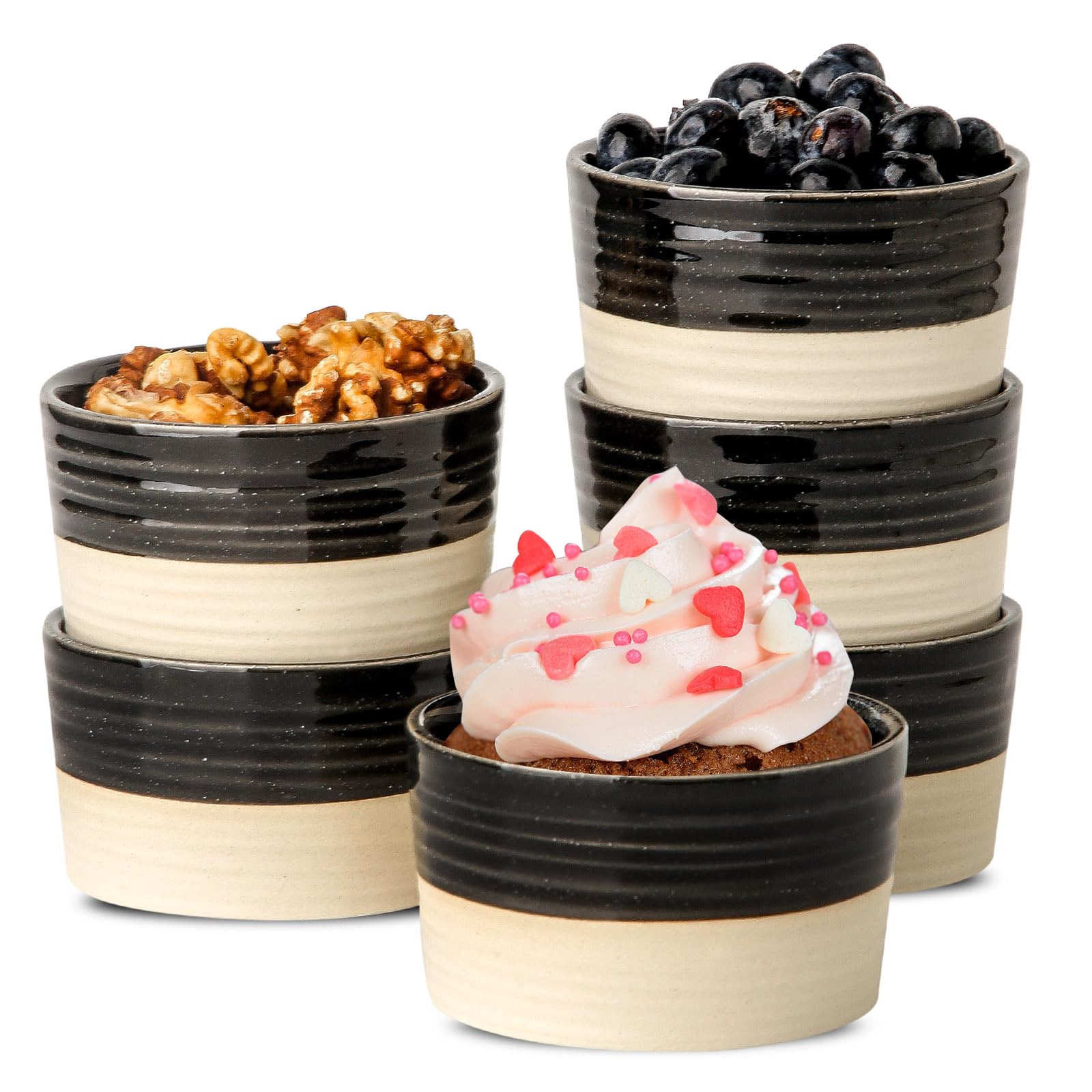 Hasense 6oz Ceramic Ramekins - Oven Safe Mini Baking Cups for Creme Brulee, Pudding & Ice Cream (Set of 6, Black) - Perfect for Desserts & Dipping Sauces