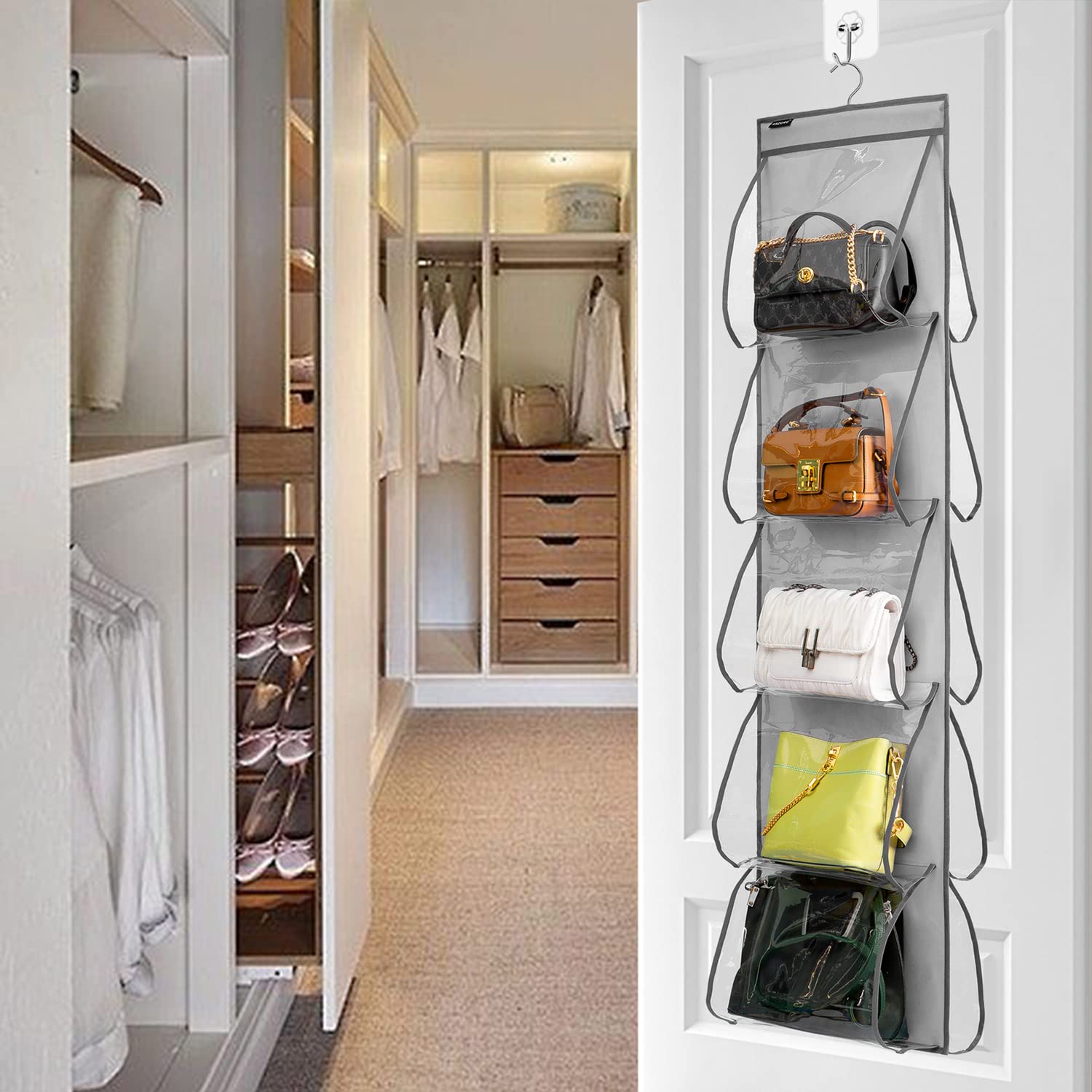 Dual-Sided Hanging Organizer with 10 Large Pockets - Space-Saving Closet Storage for Handbags, Shoes, Towels, Scarves & Clothes (Grey) - Perfect for Bedroom, Closet & Dorm Organization
