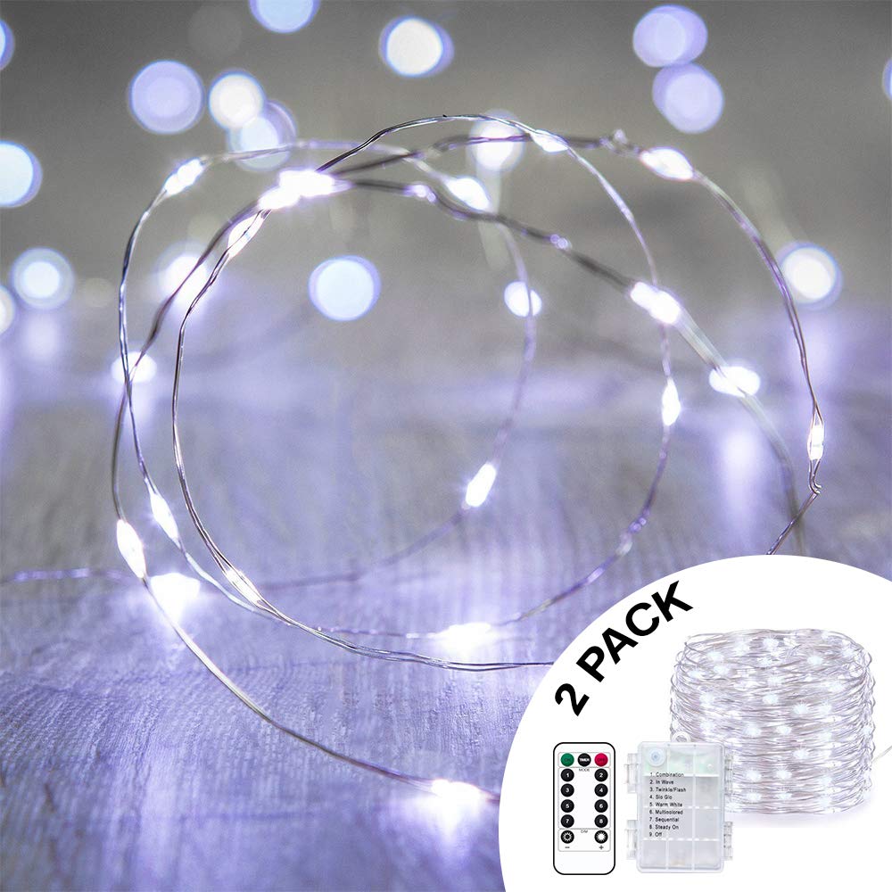 ANJAYLIA 2 Pack 33ft 100 LED Fairy Lights - Battery Operated Waterproof String Lights with Remote & Timer - Dimmable Copper Wire Firefly Lights for Christmas, Wedding, Party, Bedroom, Garden Decoration