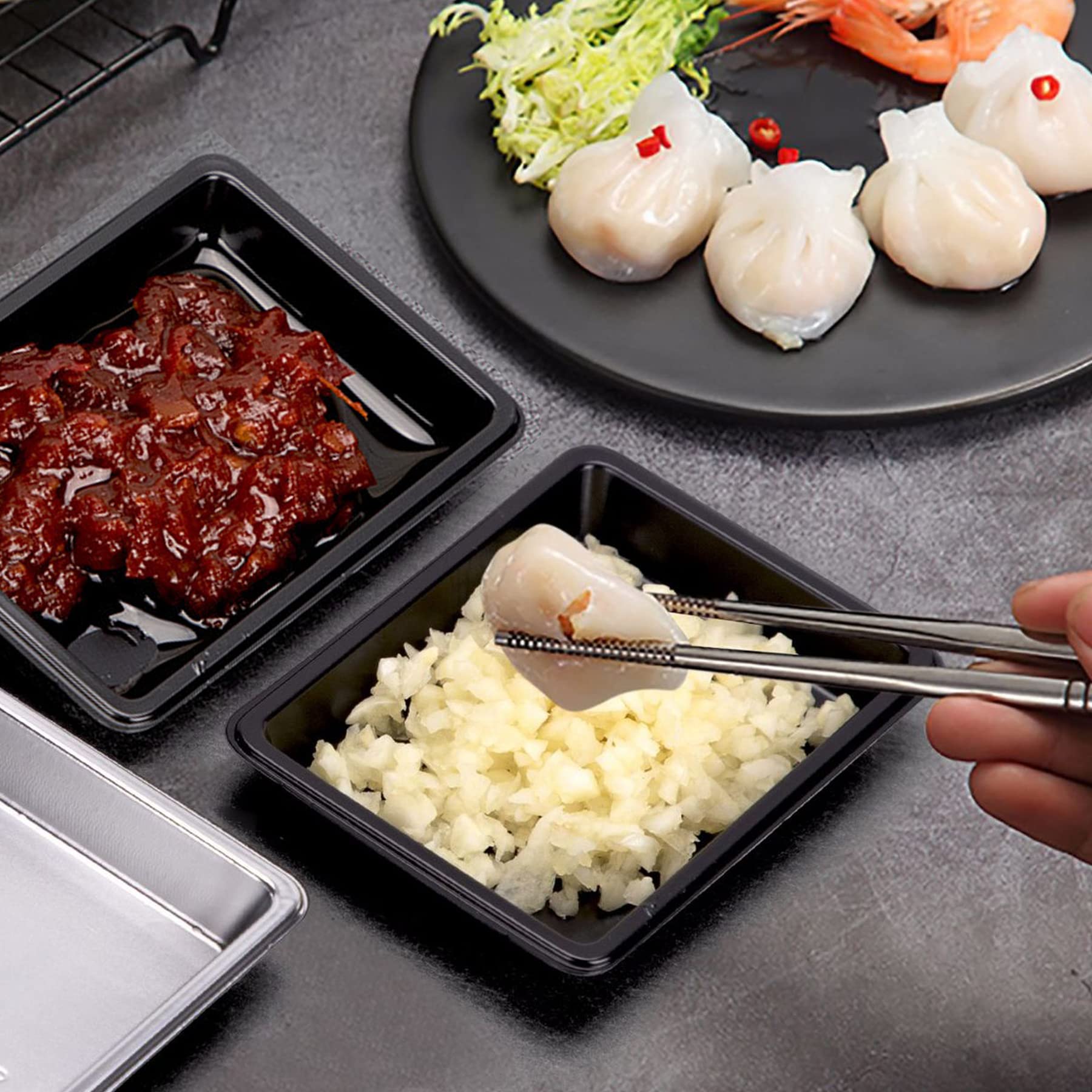 100 Pack Black Rectangle Sauce Dishes - Mini Disposable Dipping Plates for Dessert, Soup, Soy Sauce & Seasoning | Perfect for Home, Restaurants & Party Appetizers (MG20220326) | Ideal for Sushi, Dumplings, Salad Dressing & Snack Serving