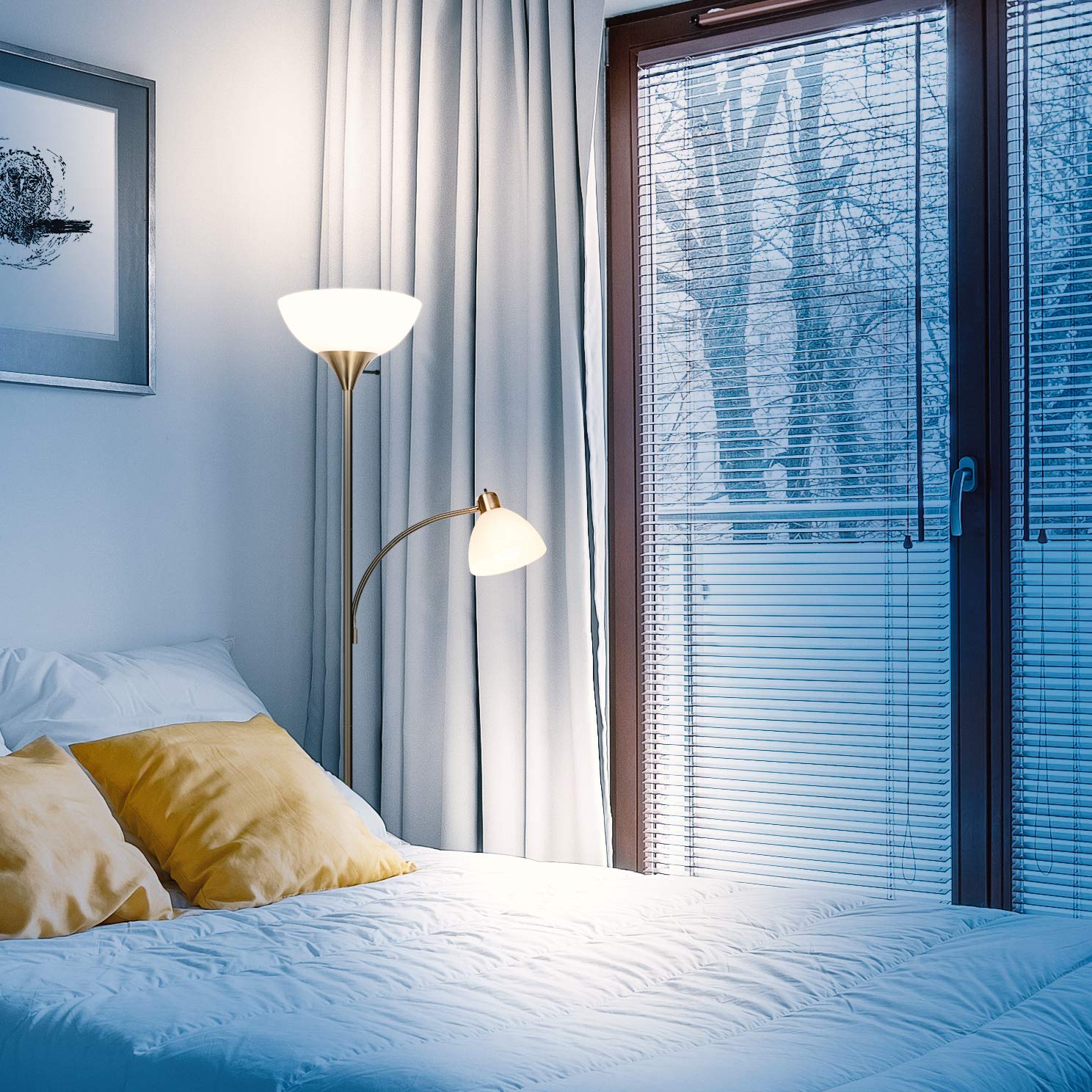 Brightech Sky Dome Plus LED Floor Lamp - Super Bright Dimmable Torchiere Standing Lamp for Living Room, Bedroom & Office - Adjustable Reading Light in Gold Brass Finish - Perfect for Cozy Nights & Workspaces