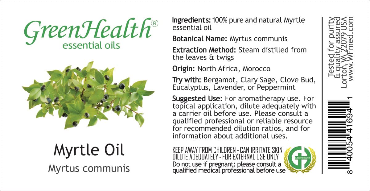 100% Pure Myrtle Essential Oil from Morocco – 4 fl oz (118 ml) Glass Bottle with Glass Dropper – Therapeutic Grade Aromatherapy Oil for Relaxation, Skin Care & Diffuser Blends – GreenHealth