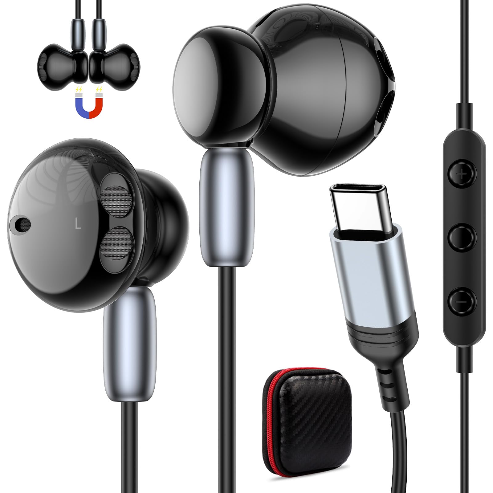 USB C Wired Earbuds with Microphone & Noise Cancellation - Compatible with iPhone 16/15, iPad, Samsung Galaxy S25/S24/S23, A53/A36/A56 Series, Google Pixel 9 & Android Laptops - Magnetic In-Ear Headphones for Work, Gaming & Travel