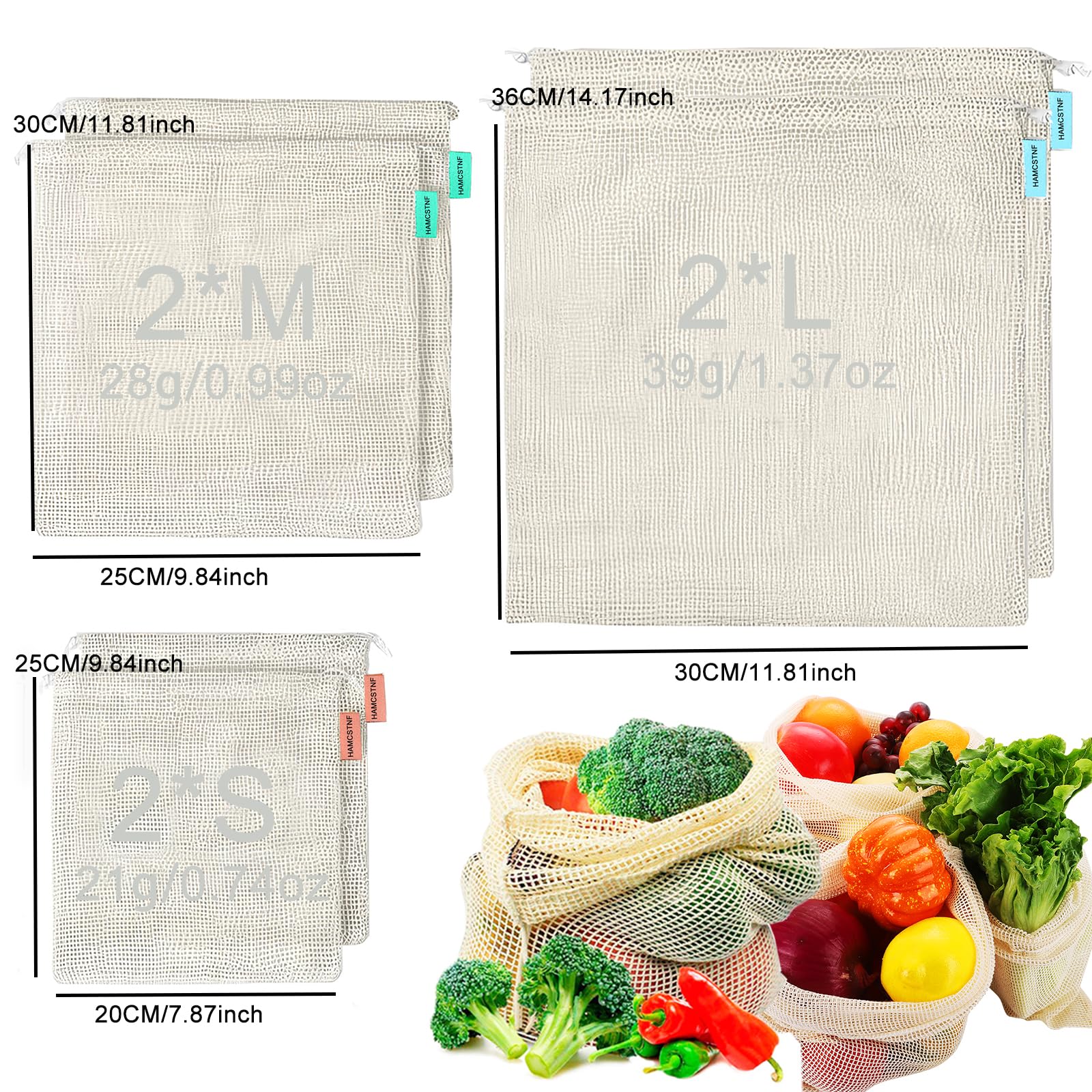 Reusable Washable Cotton Mesh Produce Bags for Fruits & Vegetables - Eco-Friendly Grocery & Bulk Shopping Bags with Drawstring (6 Pack: 2 Small, 2 Medium, 2 Large) - Perfect for Farmers Market, Organic Shopping & Zero Waste Lifestyle