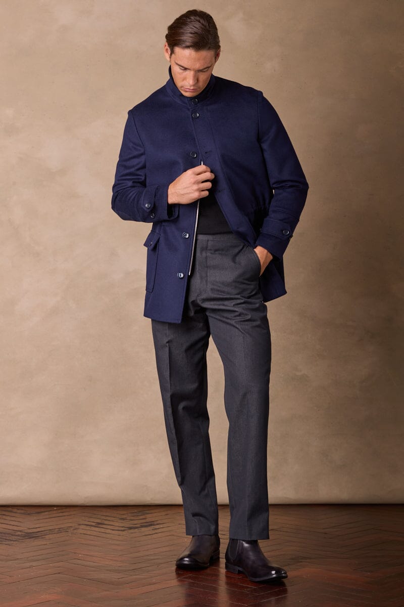 Hunter Safari Jacket Coat for Men - Navy Blue Wool Cashmere Blend - Outdoor Adventure & Travel Wear