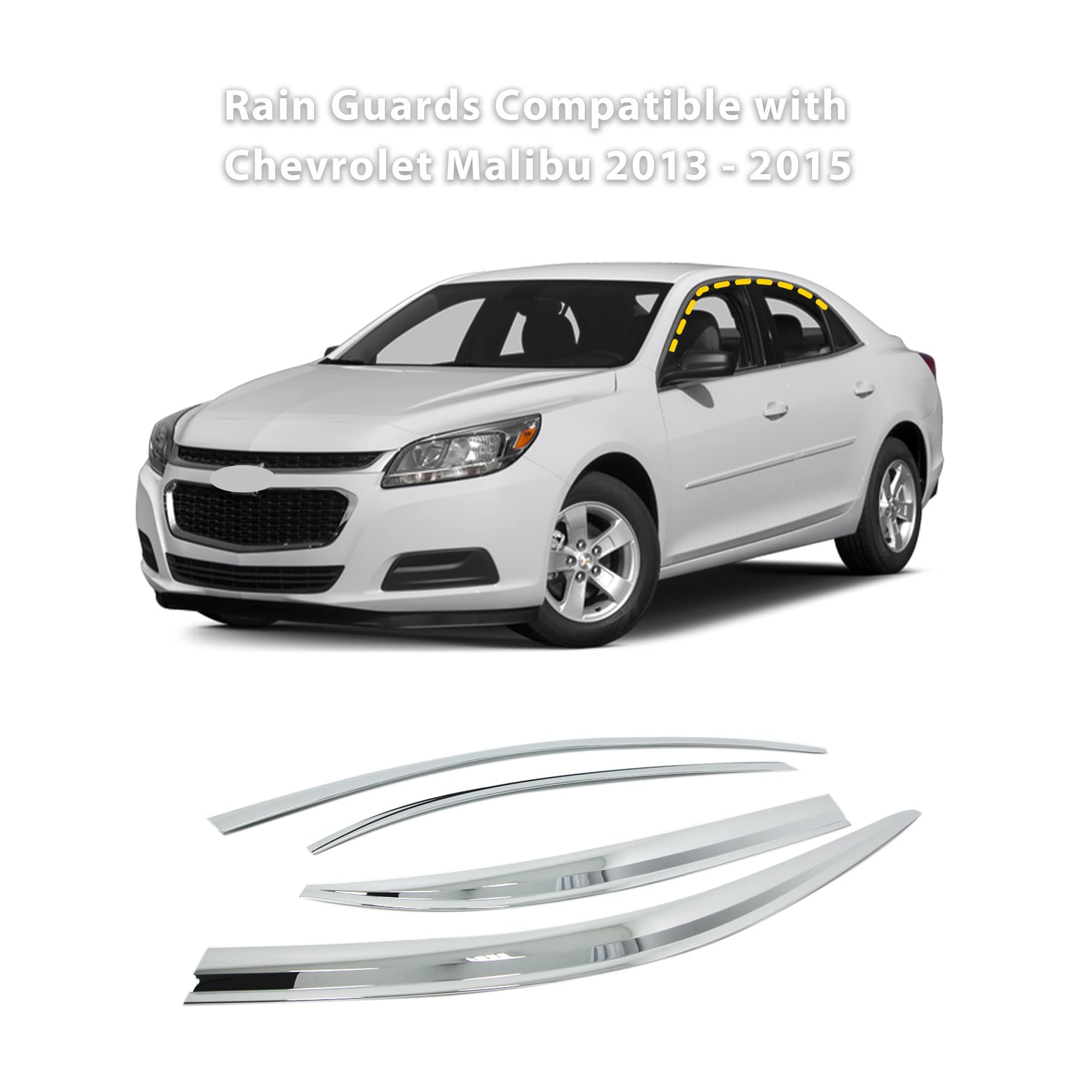 2013-2016 Chevrolet Malibu Rain Guards | 4-Piece Chrome Tape-On Window Deflectors | Reduce Noise & Protect Interior from Rain & Sun | Perfect for Daily Commute & Road Trips