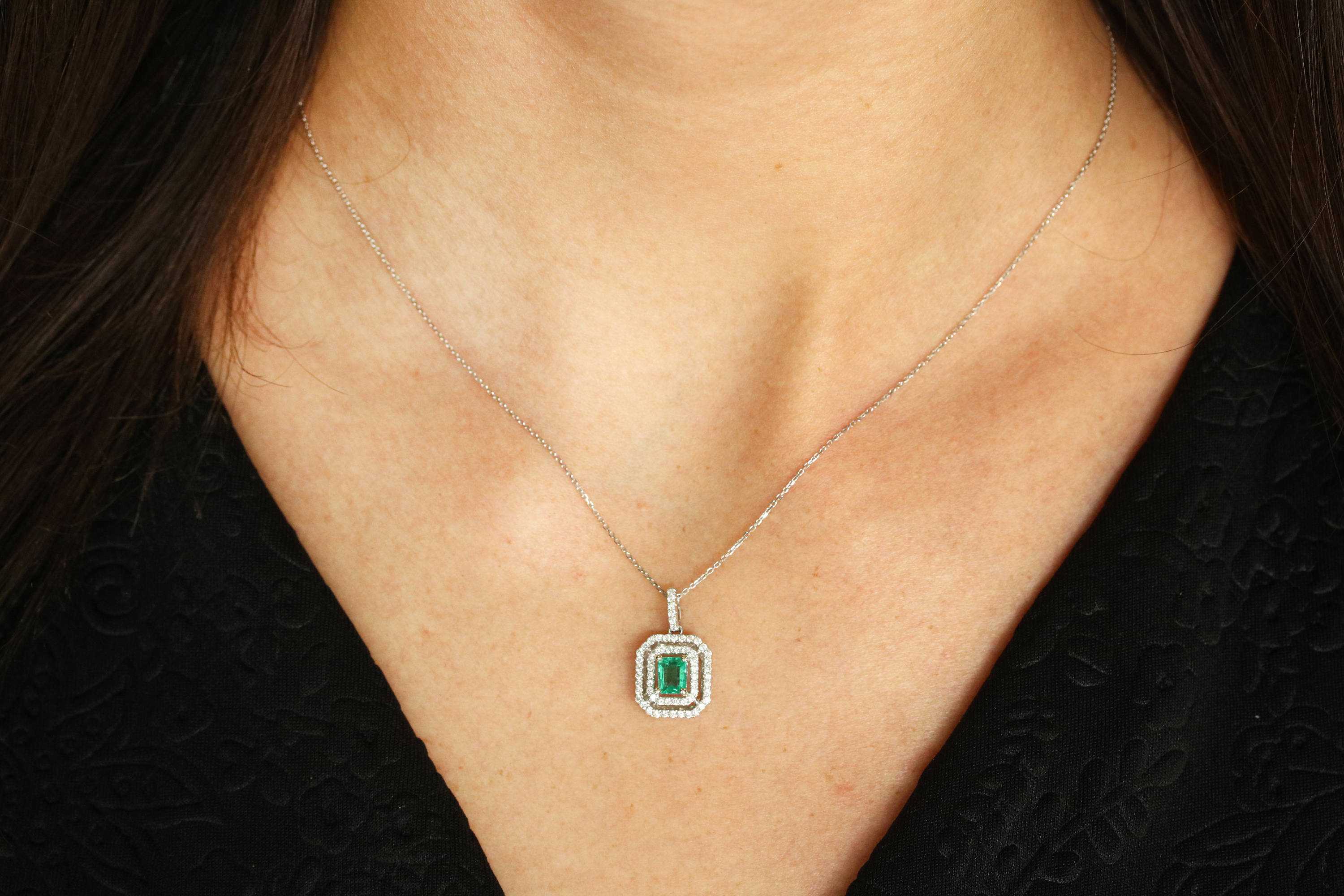 1.0tcw Colombian Emerald & Diamond Double Halo Necklace in 14K Gold - Elegant Jewelry for Weddings, Anniversaries & Special Occasions