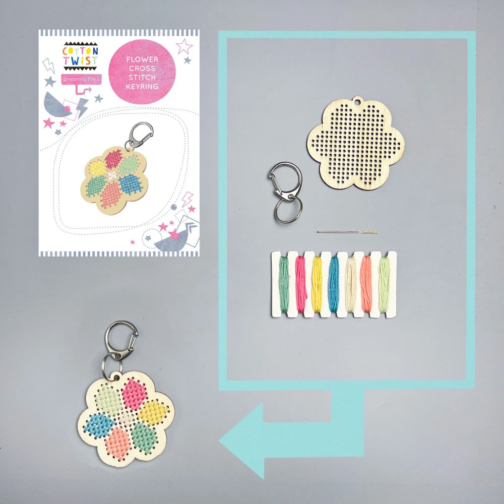 DIY Cotton Twist Flower Cross Stitch Keyring Kit - Handmade Craft Supplies for Embroidery Beginners - Perfect for Keychains, Gifts & Home Decor