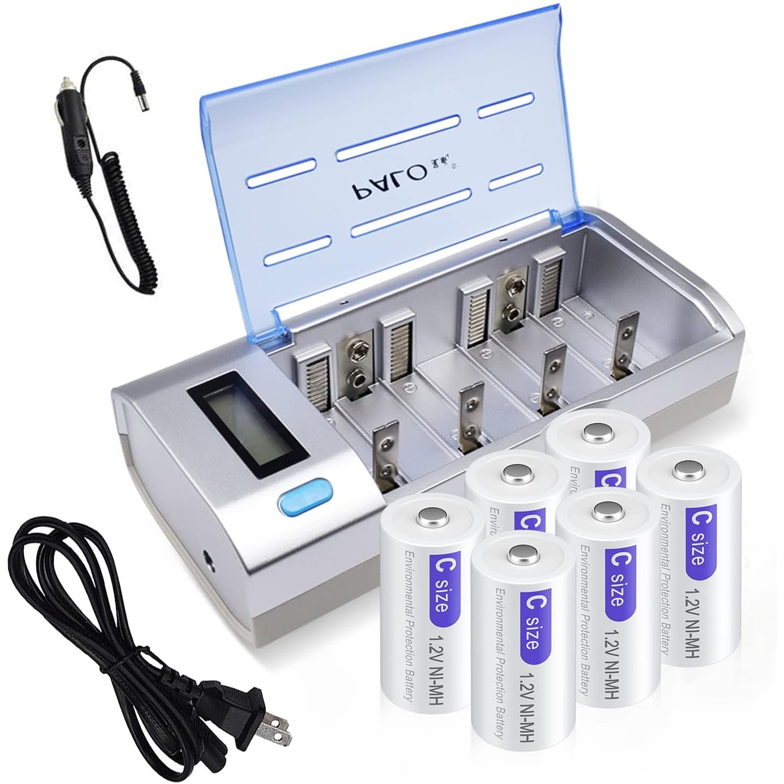 6 Pack Rechargeable C Batteries with Universal Smart Charger for AA AAA C D 9V NiMH NiCD - LCD Display & Discharge Function - Perfect for Flashlights, Toys, Cameras & Emergency Kits