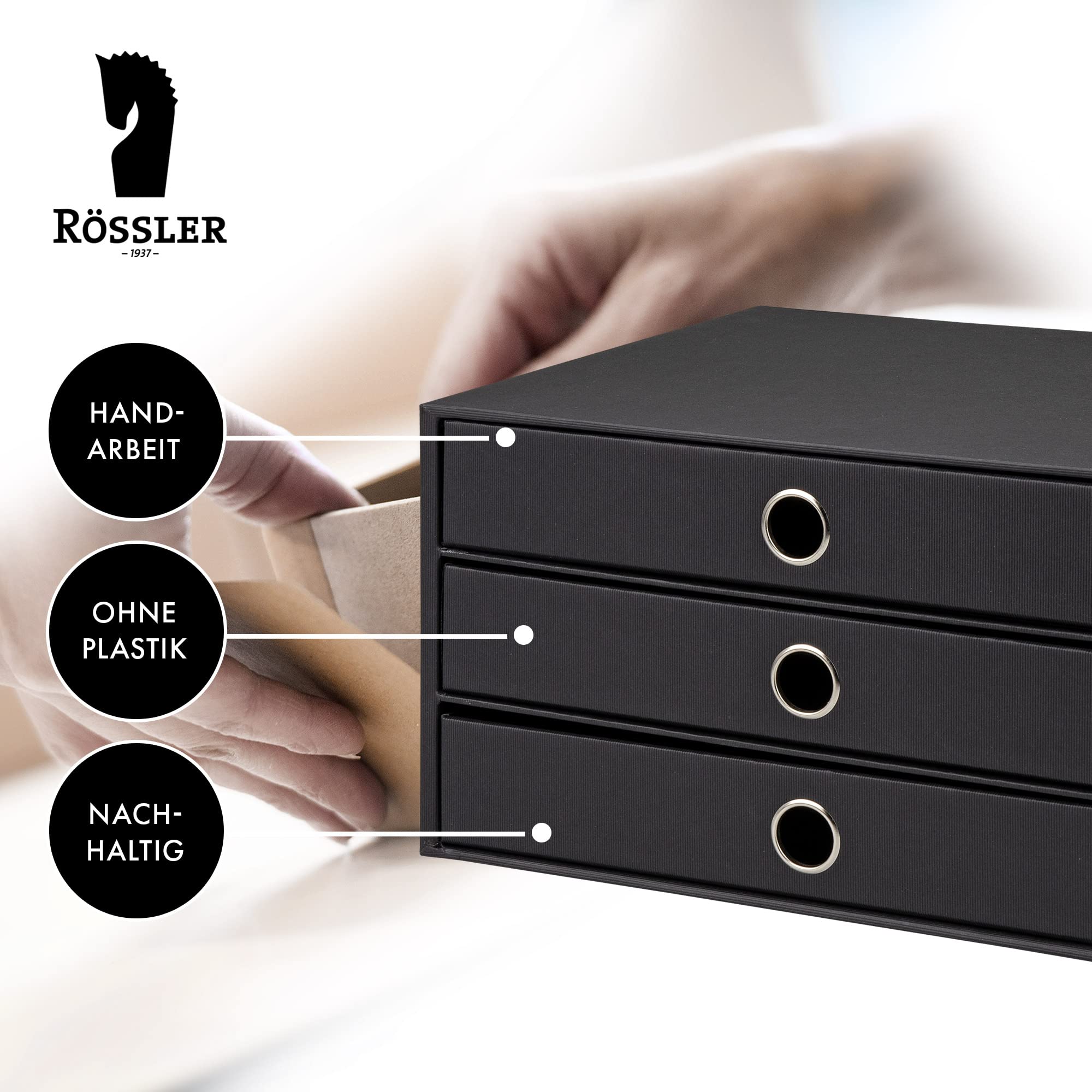 Rössler Soho 3-Drawer A4 File Storage Box - Black | Office Organization & Document Filing Solution for Home & Workspace