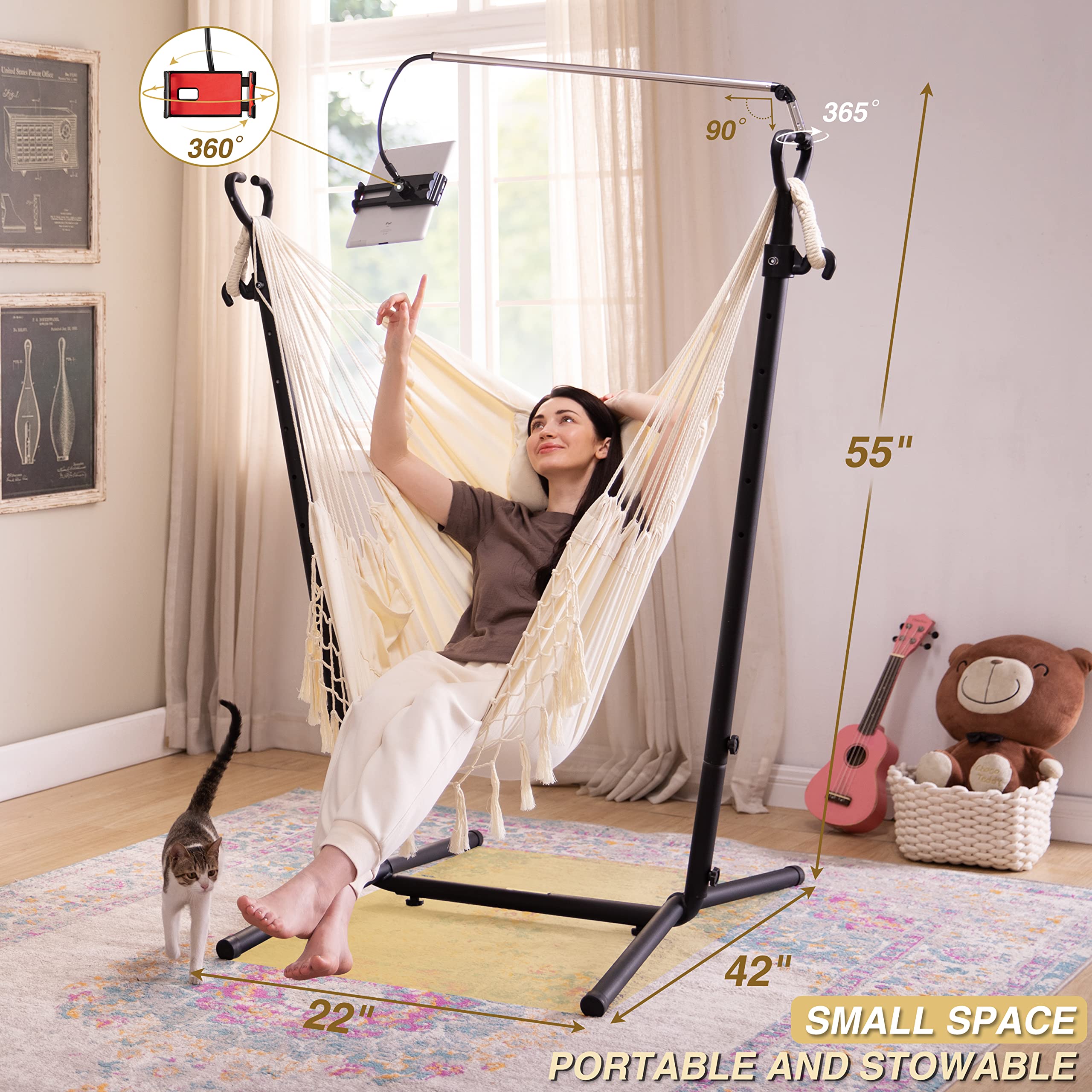 Hanging Hammock Chair with Stand - Adjustable Swing Chair for Indoor & Outdoor Use - Includes Phone Holder & Pillow - Perfect for Bedroom, Patio, Garden Relaxation (Beige)