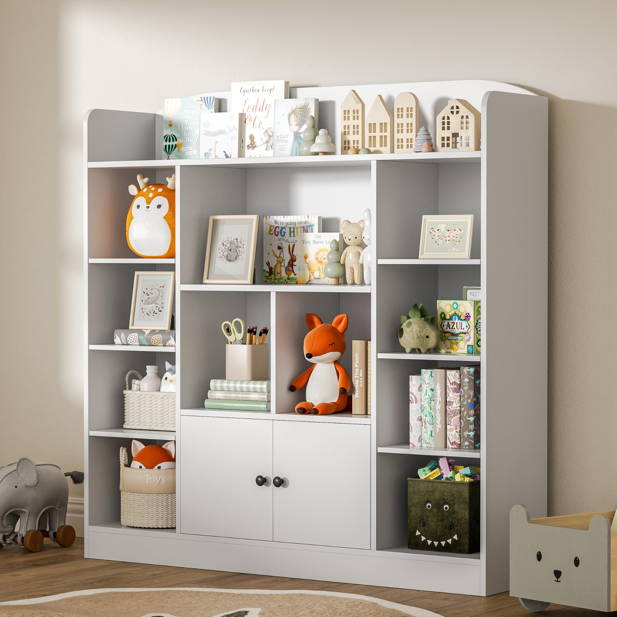 White Kids Bookshelf with 11 Cubbies & 2 Cabinets - Sturdy Freestanding Book Storage Organizer for Bedroom, Playroom, Nursery & Hallway - Perfect for Storytime, Toy Storage & Kids Room Decor