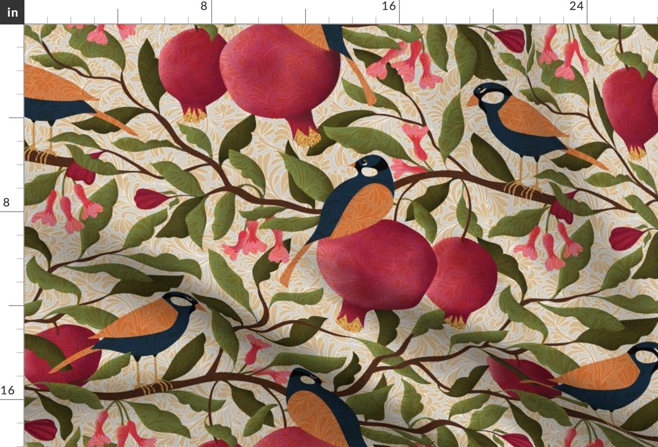 Autumn Pomegranates with Chickadees Printed Minky Fabric Fat Quarter - Soft Plush Fabric for Baby Blankets, Quilt Backing & Sewing Projects - Perfect for Nursery Decor, DIY Crafts & Cozy Home Textiles