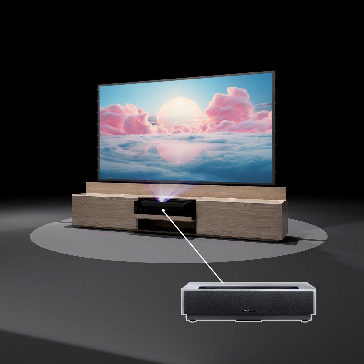 VIVIDSTORM Ultra HD Laser Projector Bundle with Motorized Screen & Hidden TV Cabinet - 4K Home Theater System for Living Room & Movie Nights