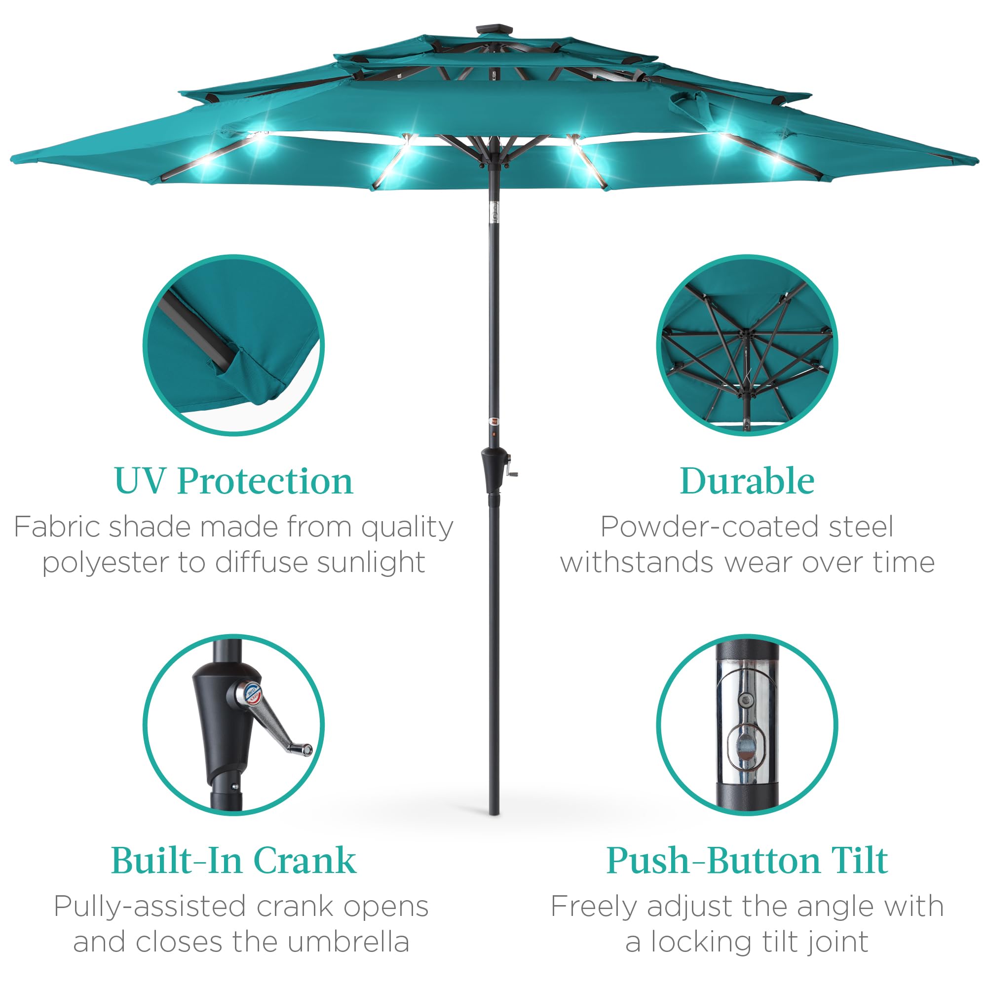 Best Choice Products 10ft 3-Tier Solar Patio Umbrella with 24 LED Lights - Adjustable Tilt & Easy Crank - Outdoor Sun Shade for Backyard, Deck, Poolside - Perfect for Summer BBQs, Beach Parties & Garden Relaxation