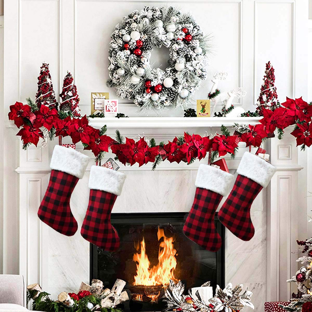 16.5 Inch Buffalo Plaid Christmas Stockings Set of 3 - Soft Plush Cuff Rustic Holiday Decor for Family, Xmas Party & Fireplace Mantel (Red/Black Buffalo Plaid Pattern) - Perfect for Gift Giving, Home Decor & Christmas Tree Decoration