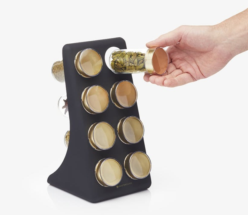 Premium 8-Jar Spice Rack with Brass Finish Lids - Perfect for Kitchen Organization & Spice Storage | Ideal for Home Chefs & Cooking Enthusiasts