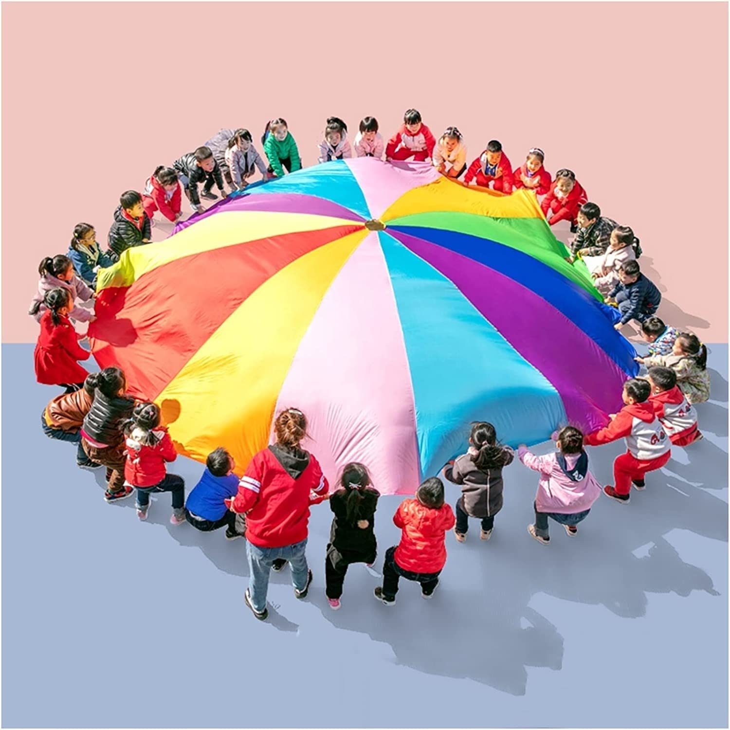 YAOJIA Kids Play Parachute with Handles - 3ft to 39ft Outdoor Parachute for Team Games, Strength Training & Trampoline Cover (5m/16.4ft) - Perfect for Backyard Fun, Gym Class Activities & Preschool Playtime