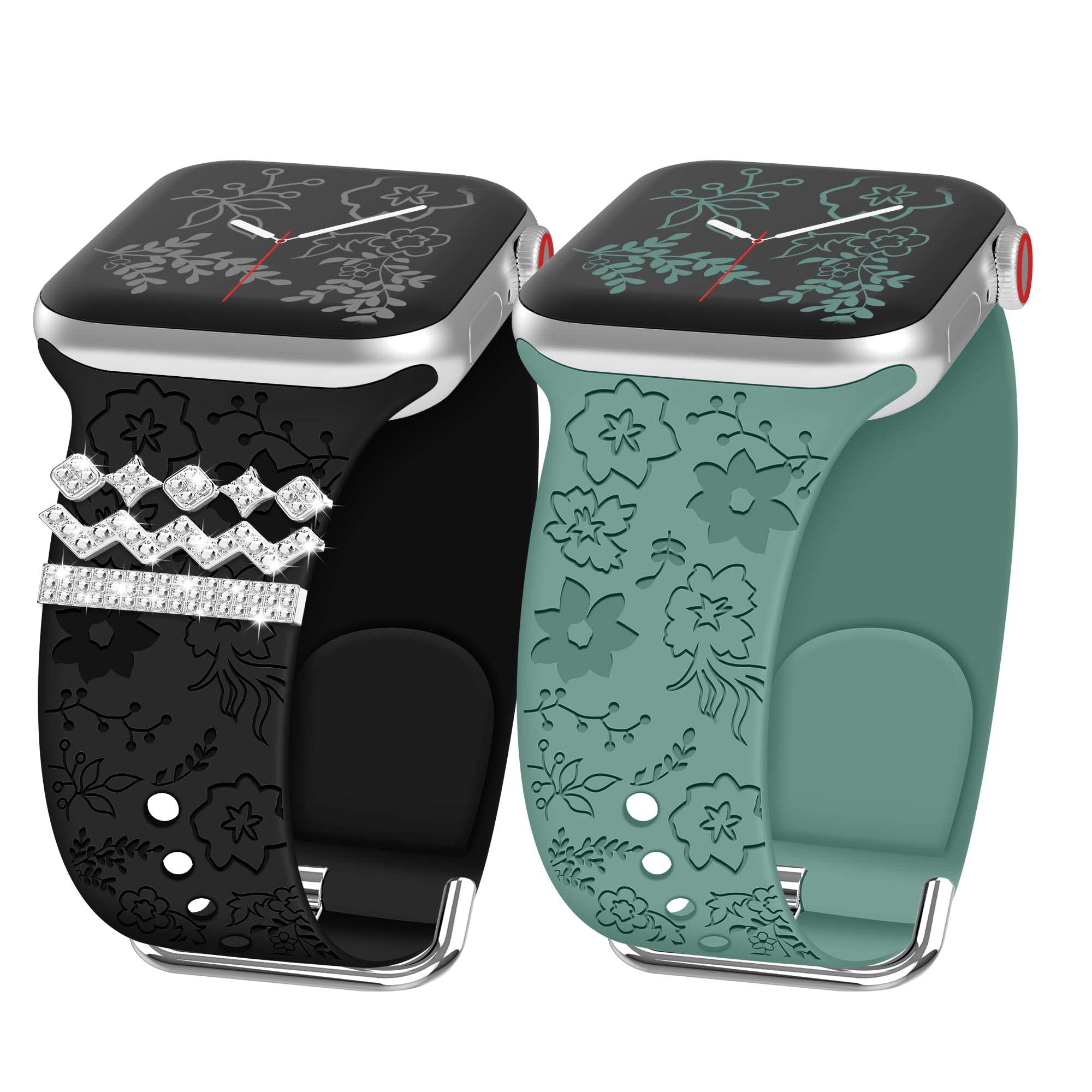 2 Pack Floral Engraved Apple Watch Bands for Women - Compatible with 38/40/41/42/44/45/49mm iWatch Series 8/7/6/5/4/3/2/1/SE/Ultra - Soft Silicone Replacement Strap with Decorative Rings - Perfect for Workouts, Office & Everyday Fashion Accessory