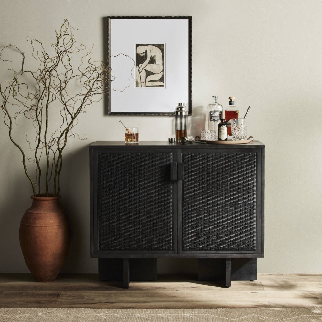 Levon Black Pine Bar Cabinet - Stylish Home Bar Furniture for Living Room, Dining Room & Entertaining