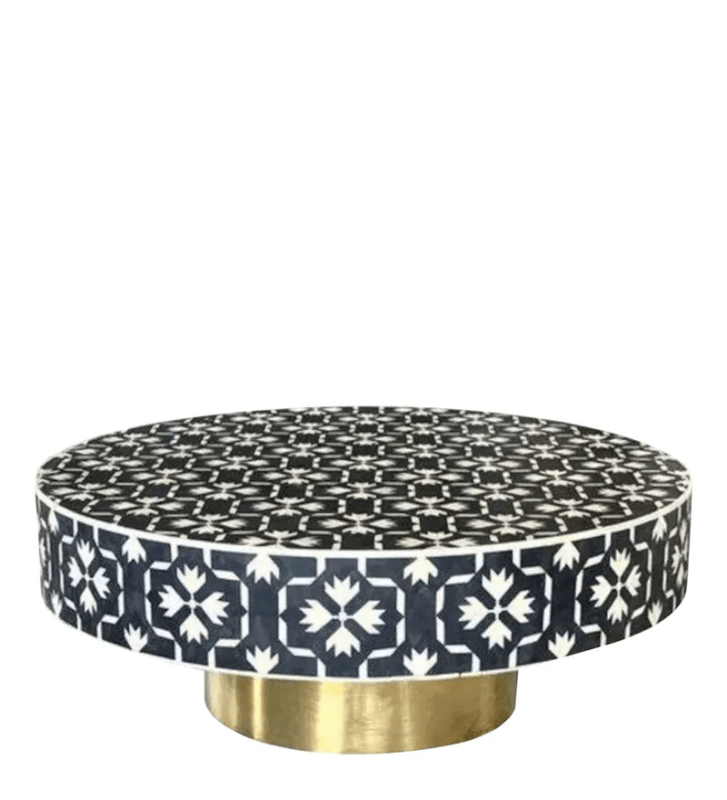 Handmade Bone Inlay Round Coffee Table with Brass Base - Black Boho Style Living Room Furniture | Perfect for Living Rooms, Lounge Areas & Conversation Spaces