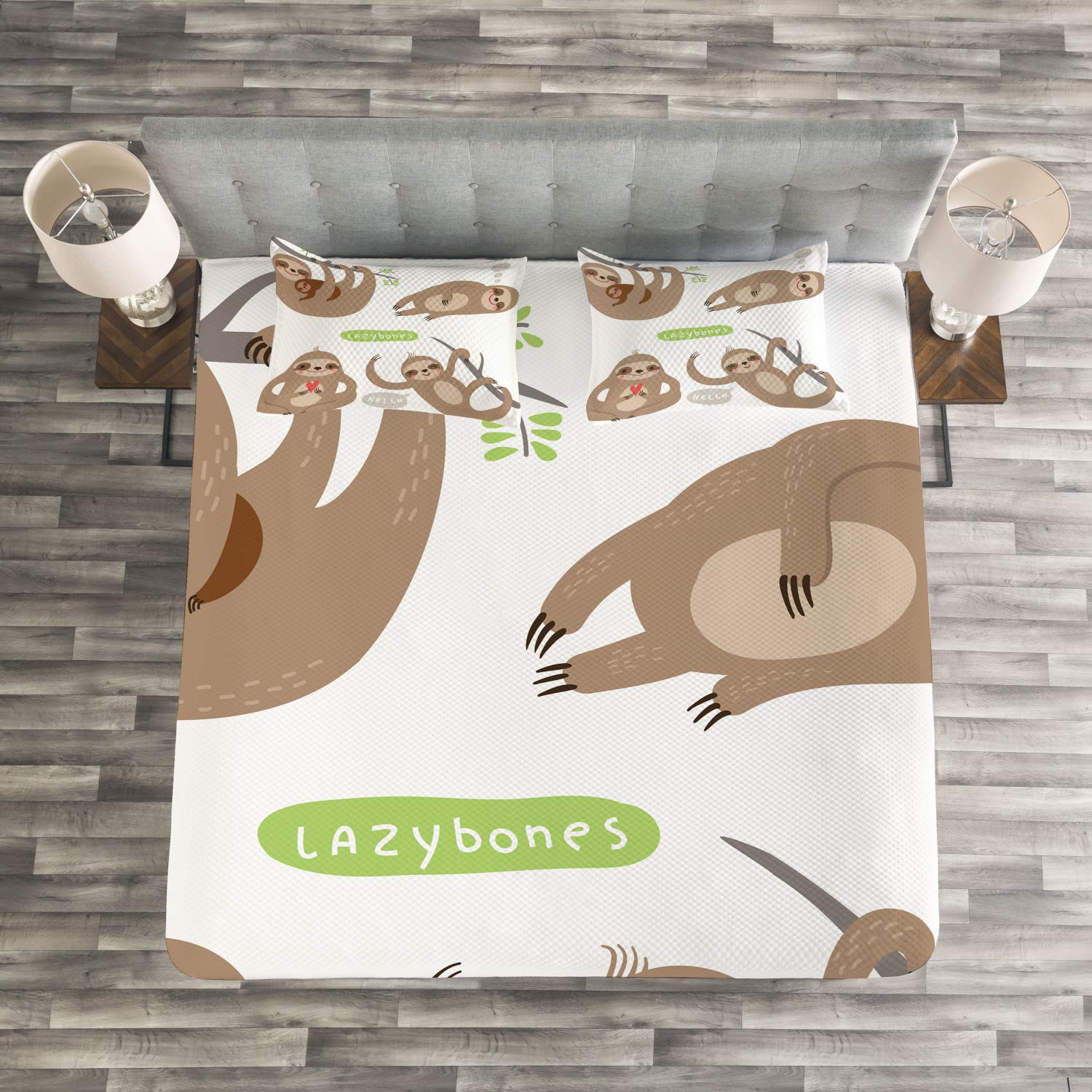 Ambesonne Sloth Bedspread Set - 3-Piece King Size Bedding with Funny Lazy Sloths Hugging Family Design, Pale Brown Grey Green - Perfect for Cozy Bedrooms, Guest Rooms & Sloth-Themed Decor